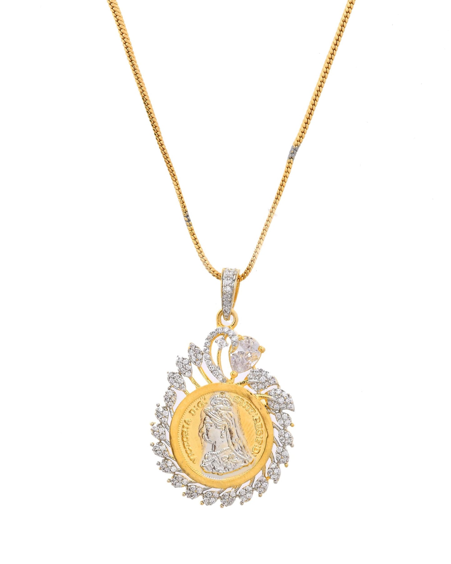 VOJ Dual Toned Ad-Studded Pendant With Chain And Earrings Set - Swadesiicart