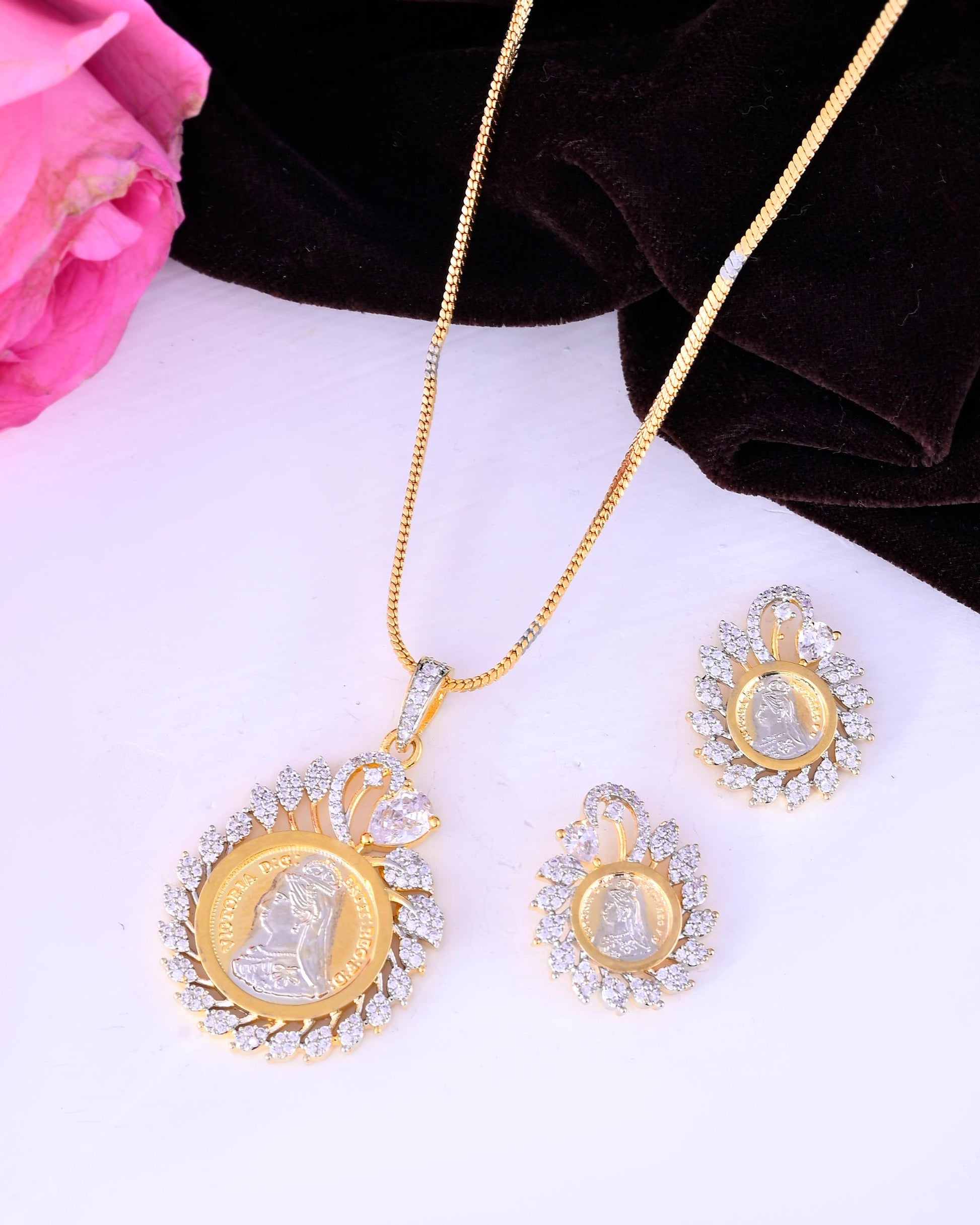 VOJ Dual Toned Ad-Studded Pendant With Chain And Earrings Set - Swadesiicart