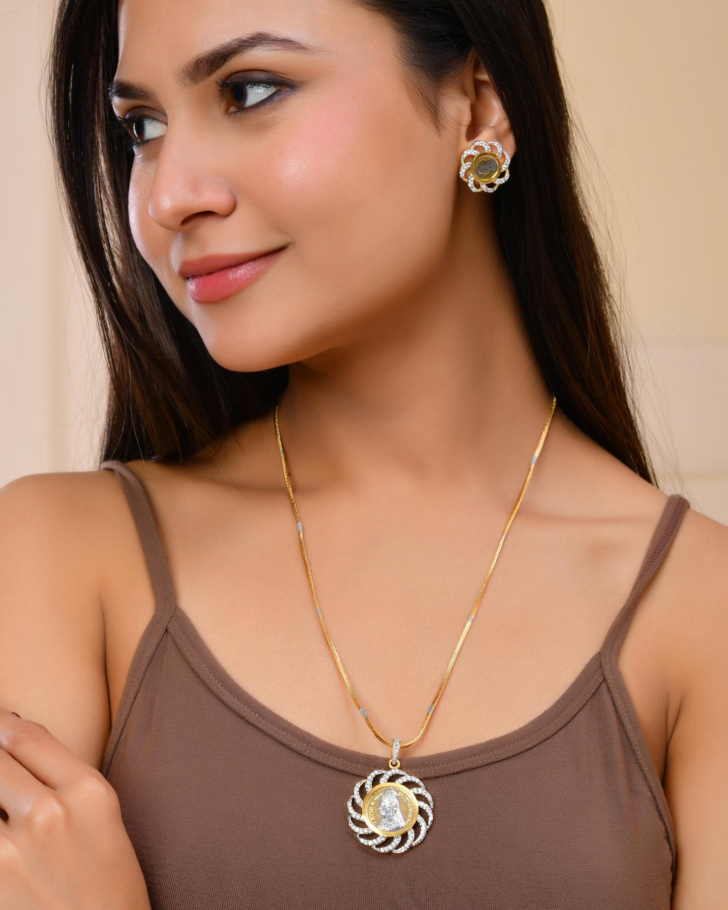 VOJ Dual Toned Ad-Studded Coin Chain Set - Swadesiicart