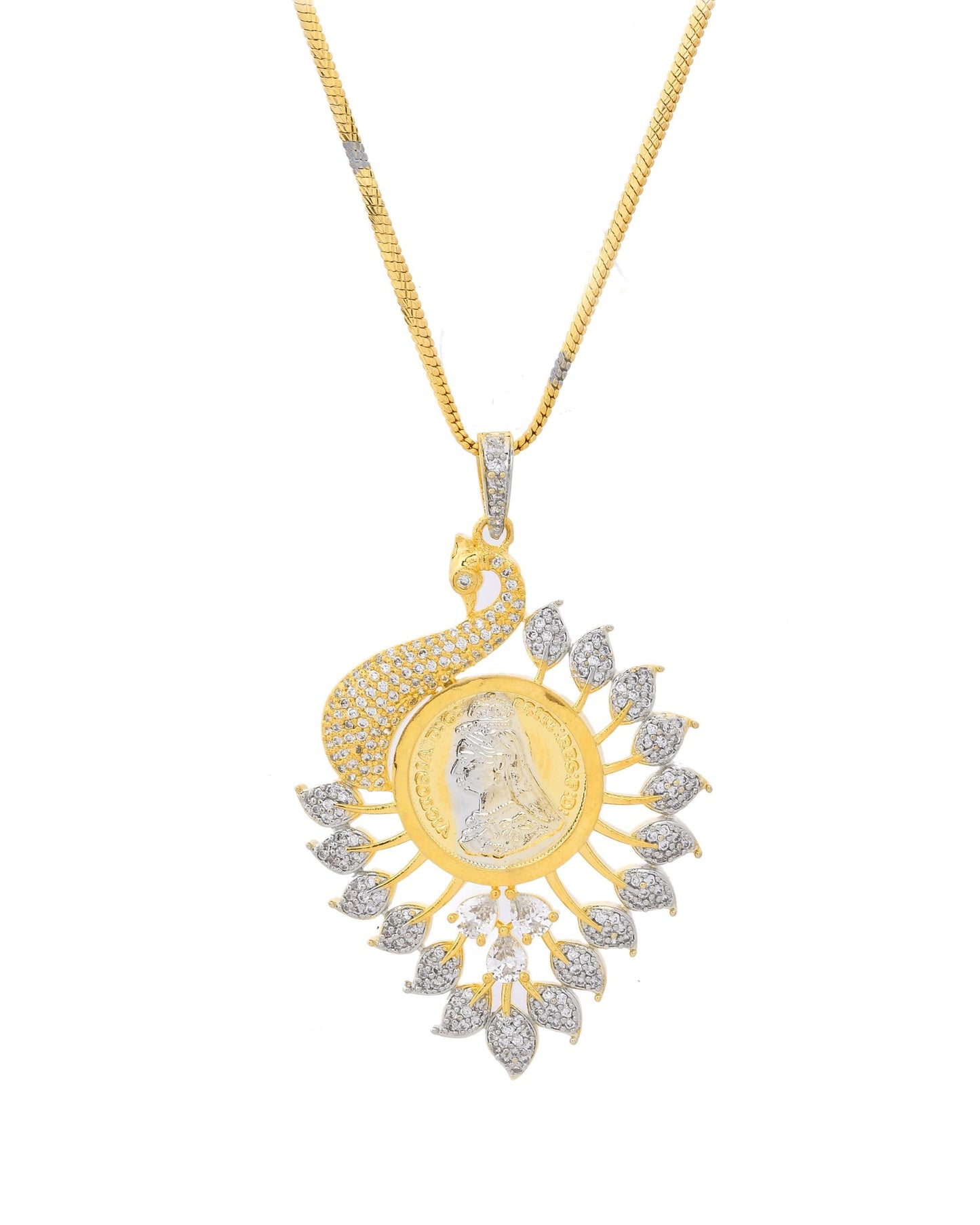 VOJ Dual Toned Ad-Studded Peacock Shaped Chain Set - Swadesiicart