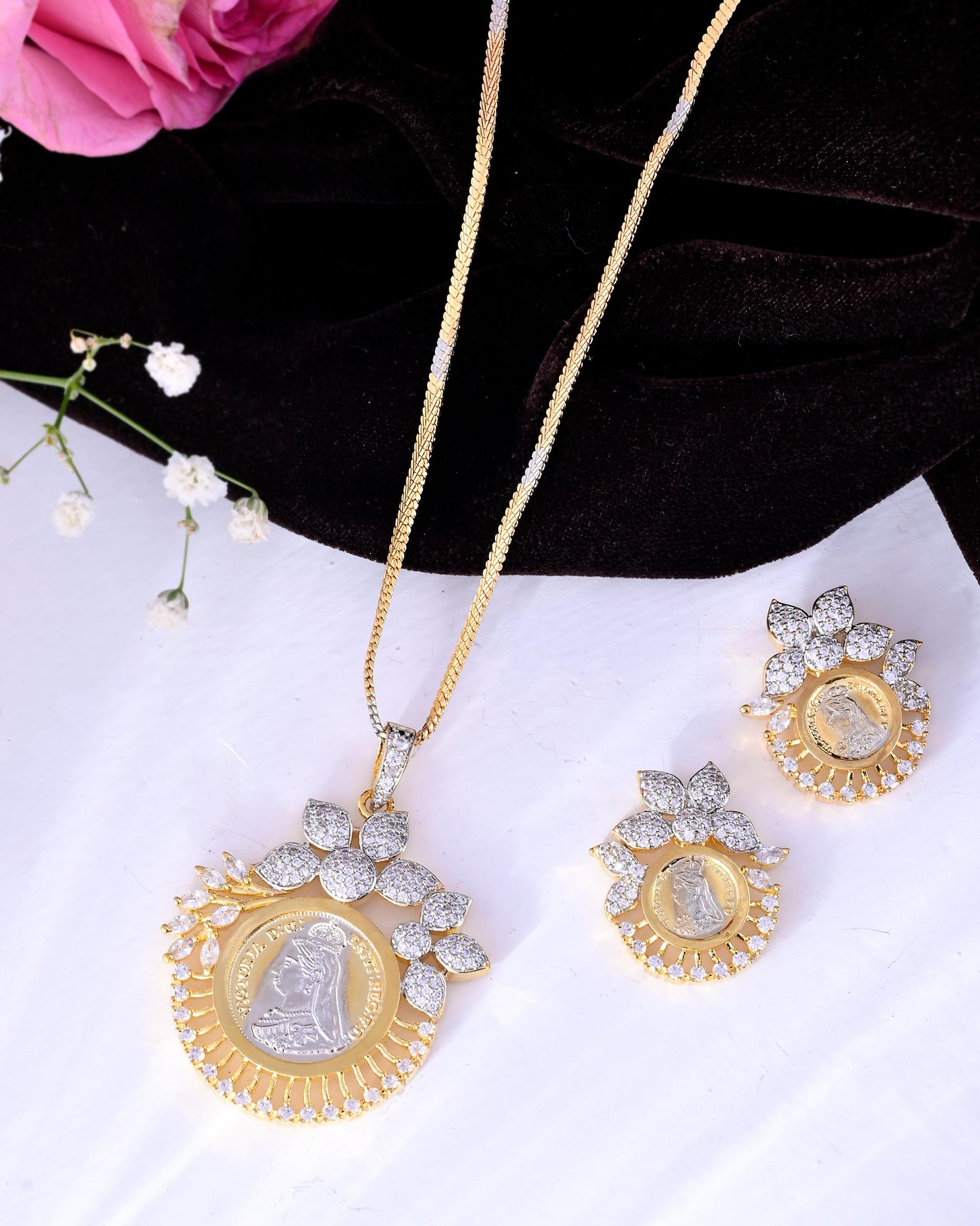 VOJ Dual Toned Ad-Studded Designer Coin Chain Set - Swadesiicart