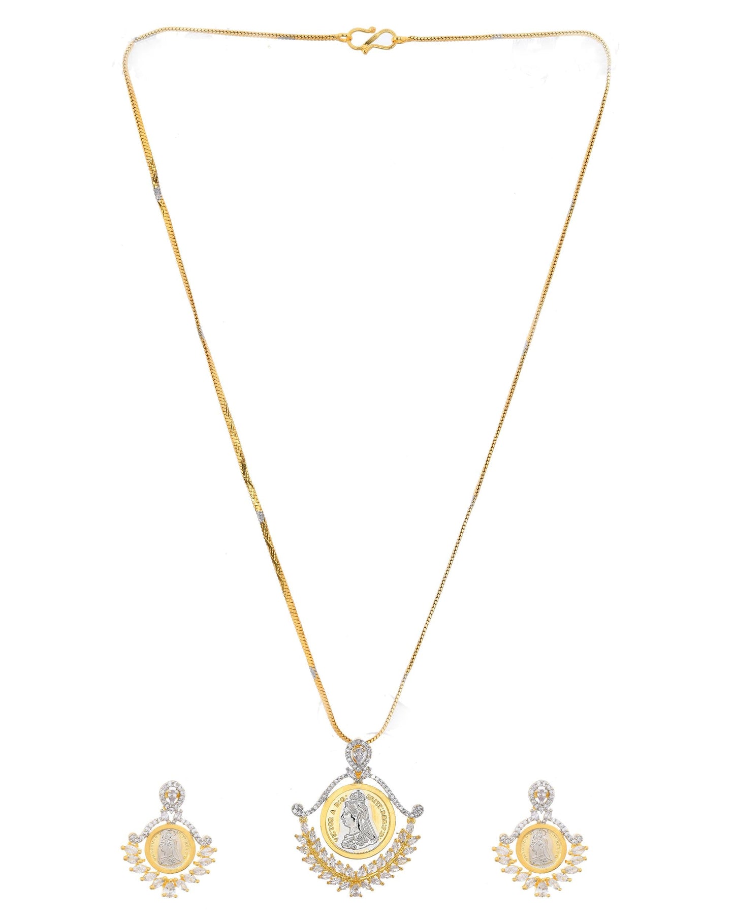 VOJ Dual Toned Ad-Studded Designer Pendant With Chain And Earrings Set - Swadesiicart