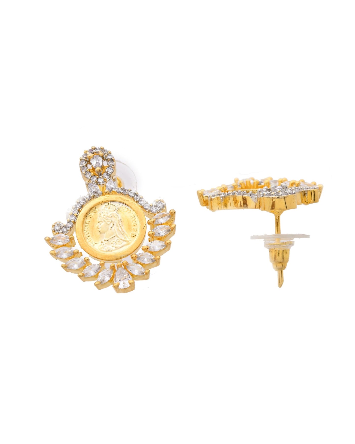 VOJ Dual Toned Ad-Studded Designer Pendant With Chain And Earrings Set - Swadesiicart