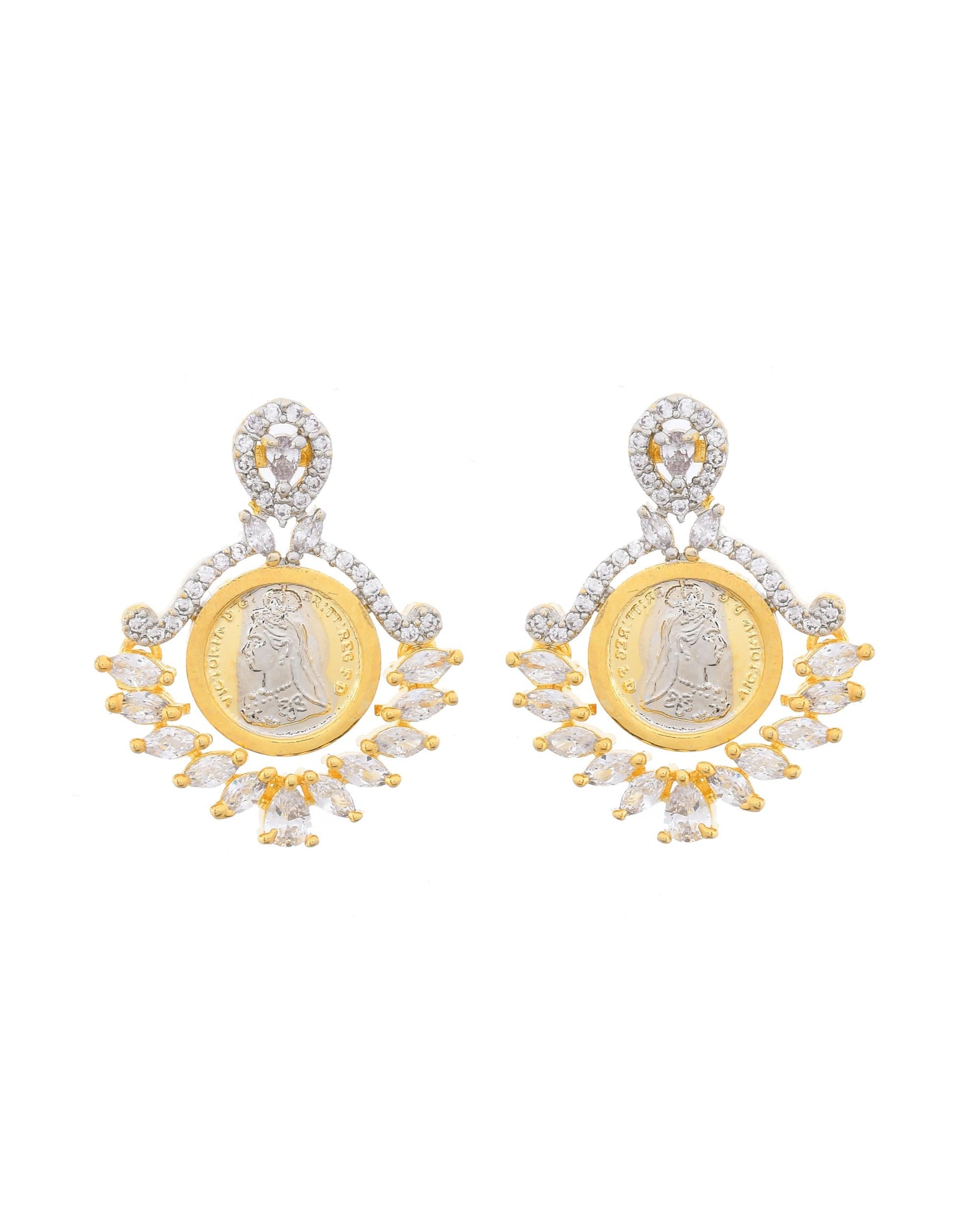VOJ Dual Toned Ad-Studded Designer Pendant With Chain And Earrings Set - Swadesiicart