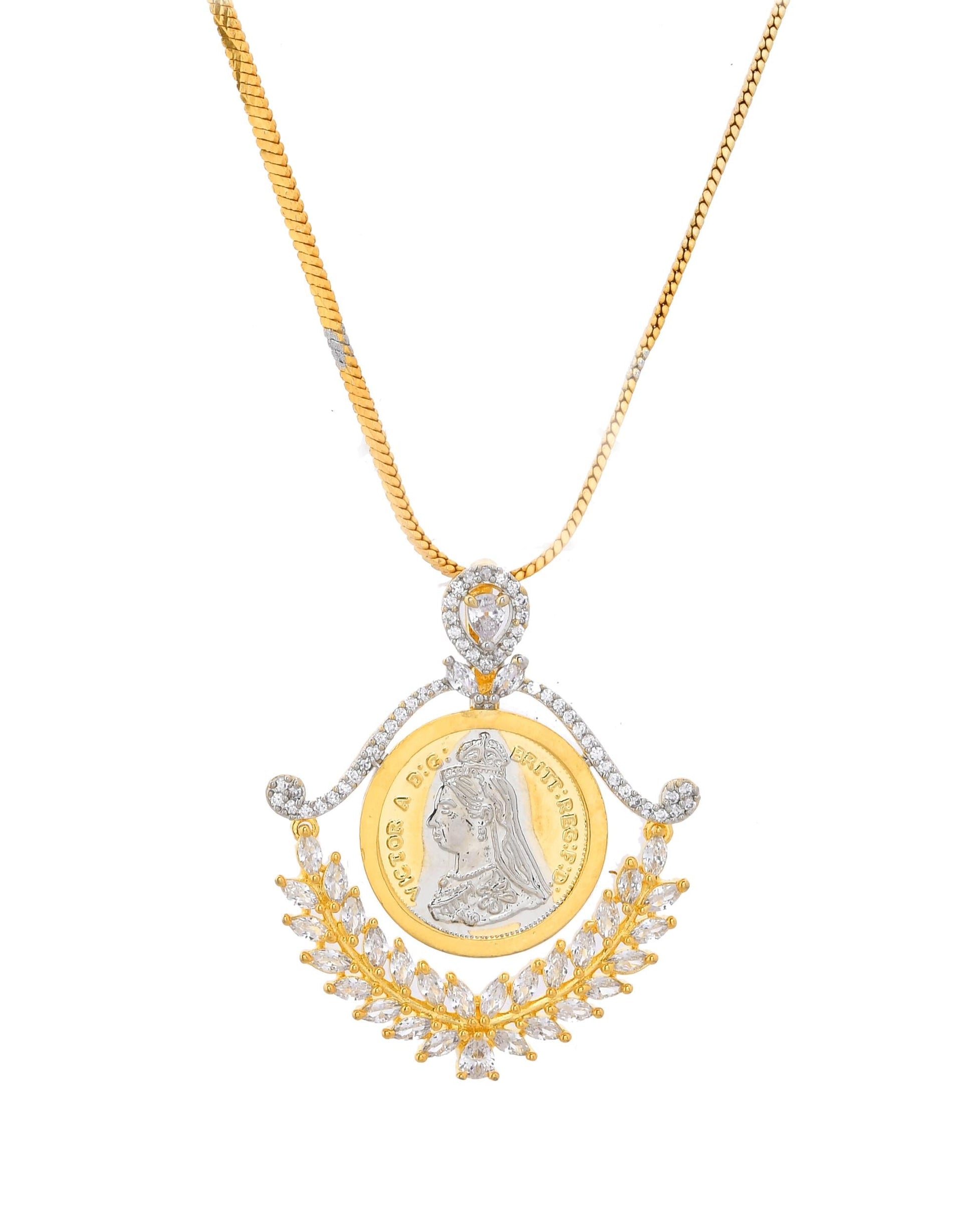 VOJ Dual Toned Ad-Studded Designer Pendant With Chain And Earrings Set - Swadesiicart