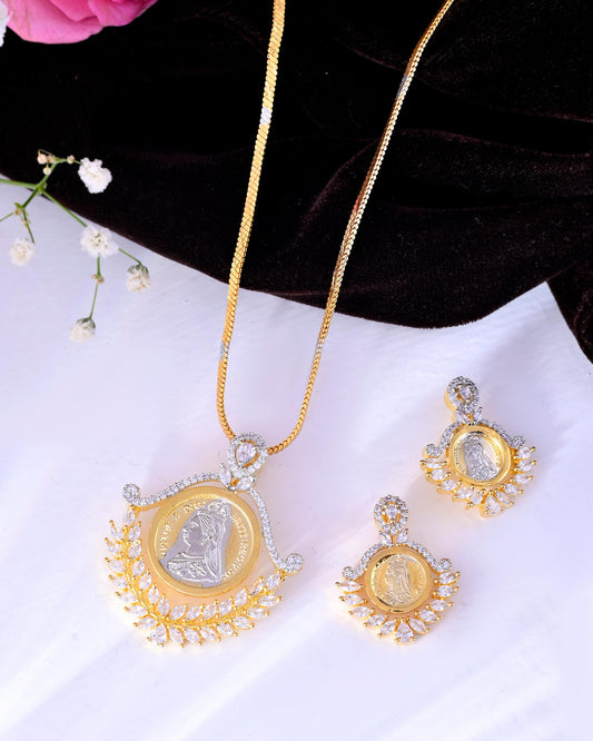 VOJ Dual Toned Ad-Studded Designer Pendant With Chain And Earrings Set - Swadesiicart
