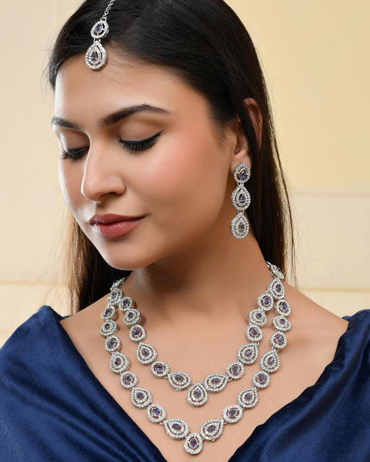 VOJ Silver Plated Stainless Steel American Diamond Studded Jewellery Set - Swadesiicart