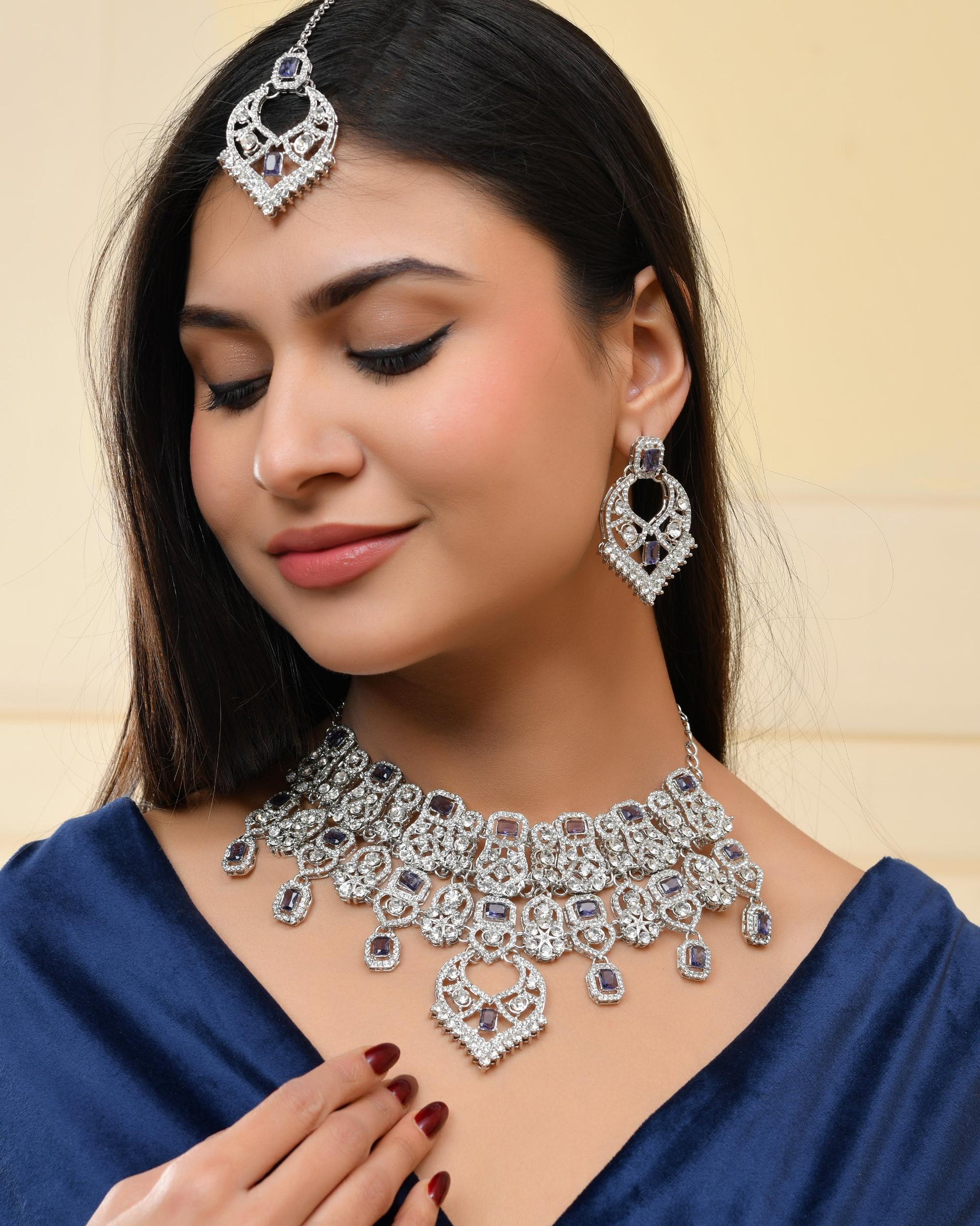 VOJ Silver-Plated American Diamond-Studded Jewellery Set - Swadesiicart