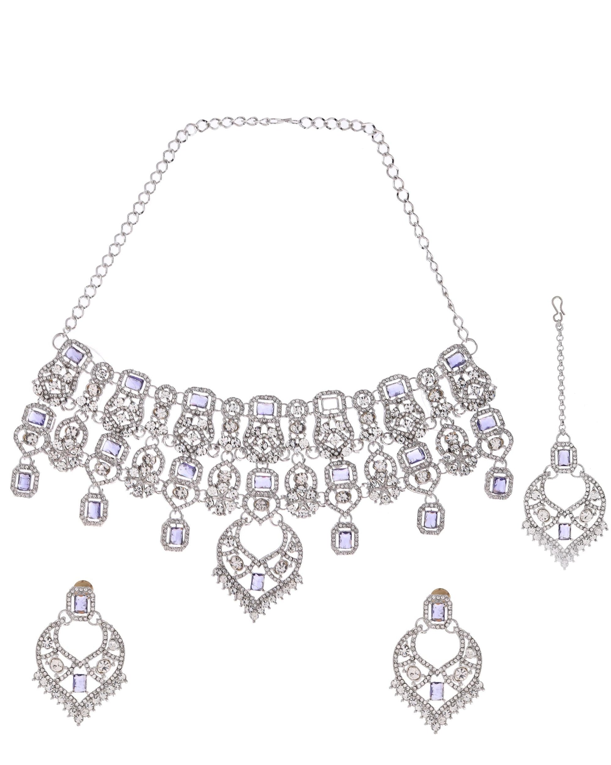 VOJ Silver-Plated American Diamond-Studded Jewellery Set - Swadesiicart