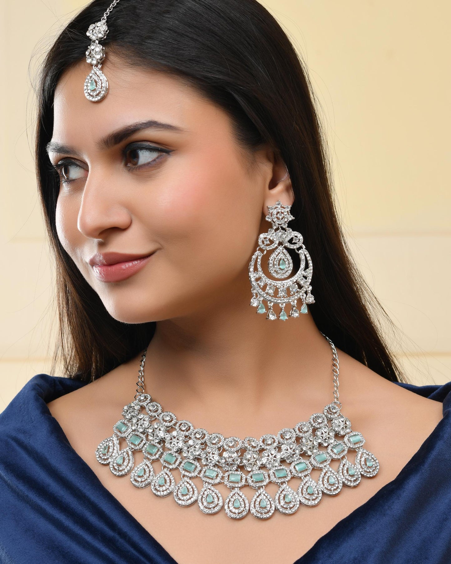 VOJ Silver-Plated American Diamond Studded Jewellery Set - Swadesiicart