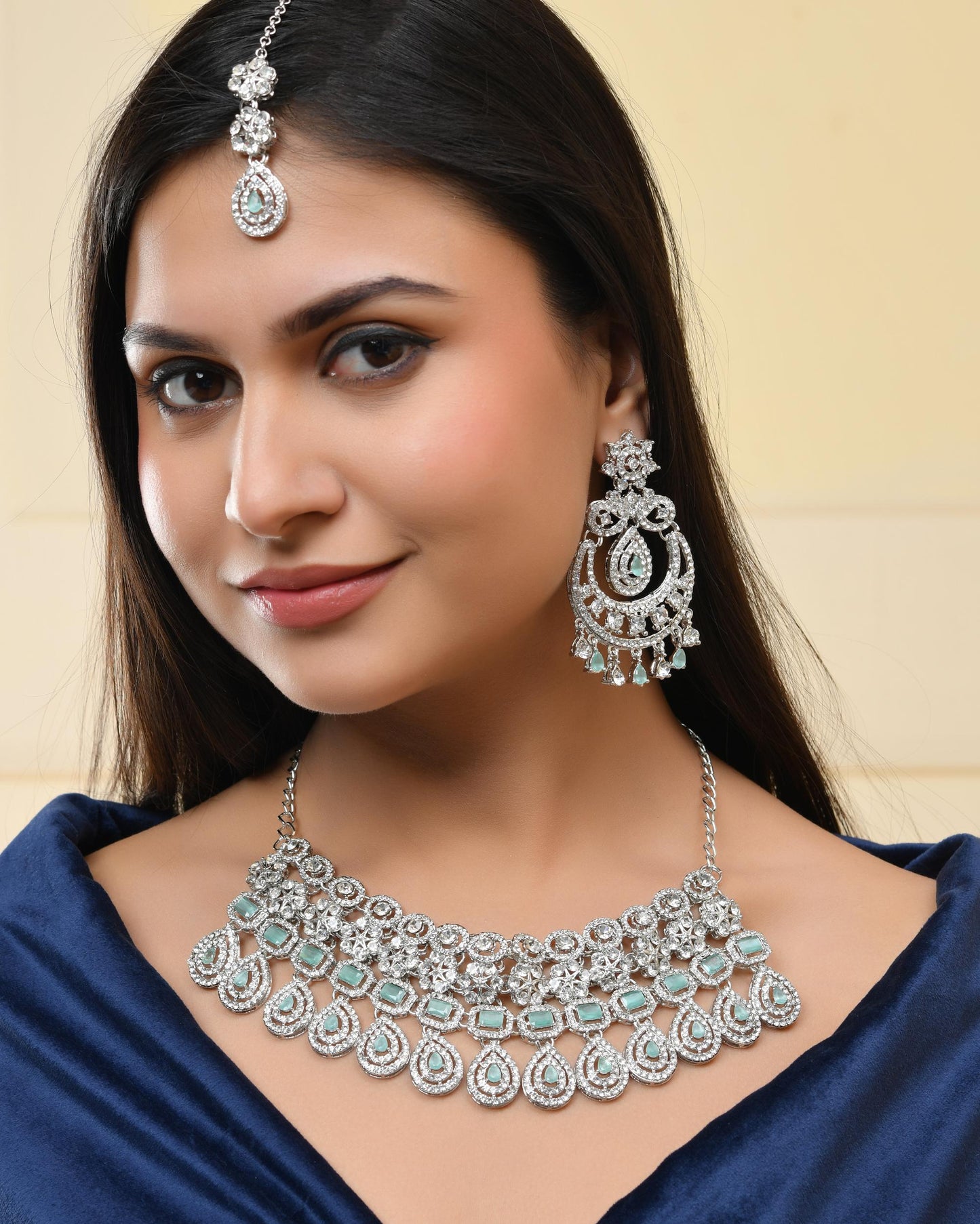 VOJ Silver-Plated American Diamond Studded Jewellery Set - Swadesiicart