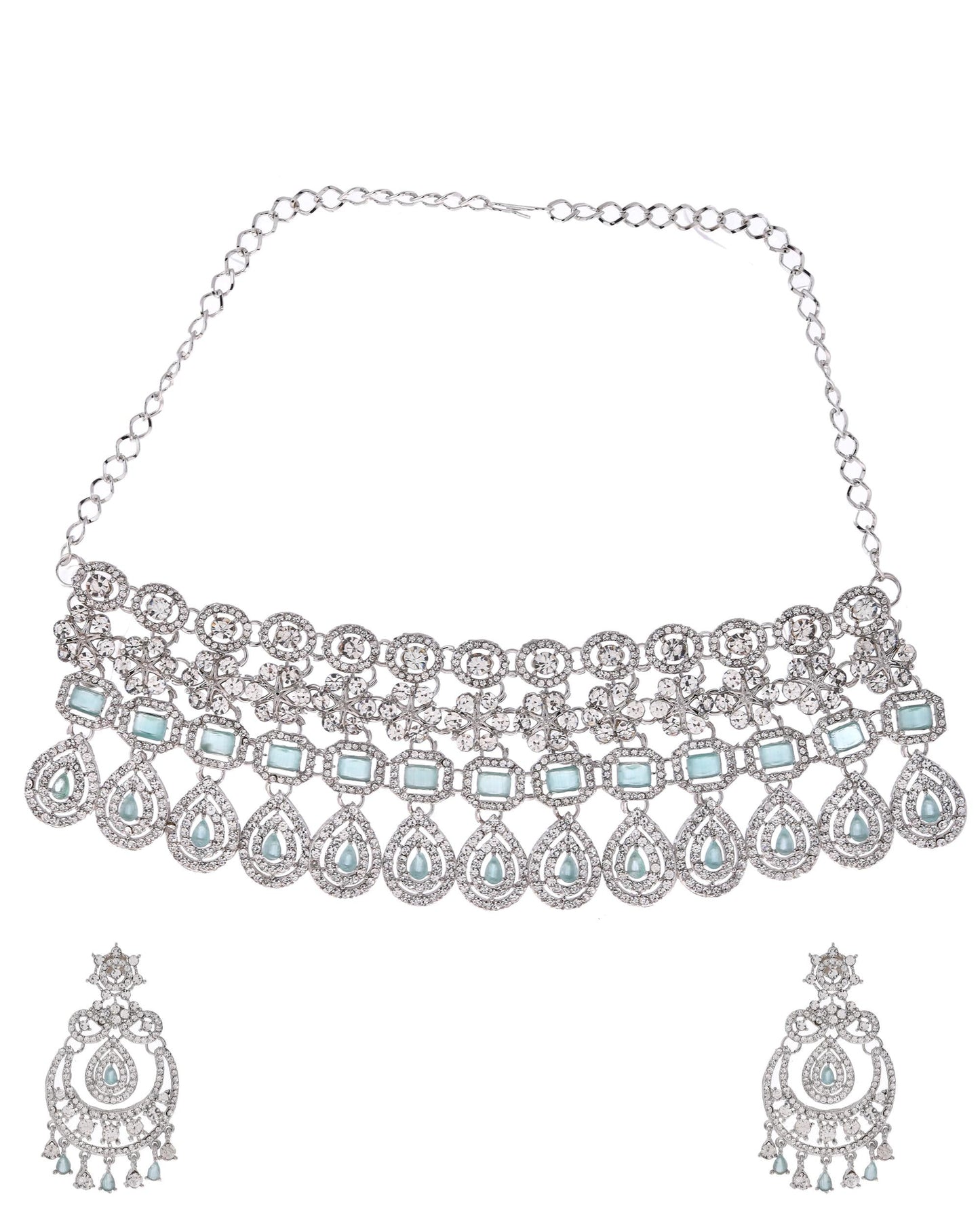 VOJ Silver-Plated American Diamond Studded Jewellery Set - Swadesiicart