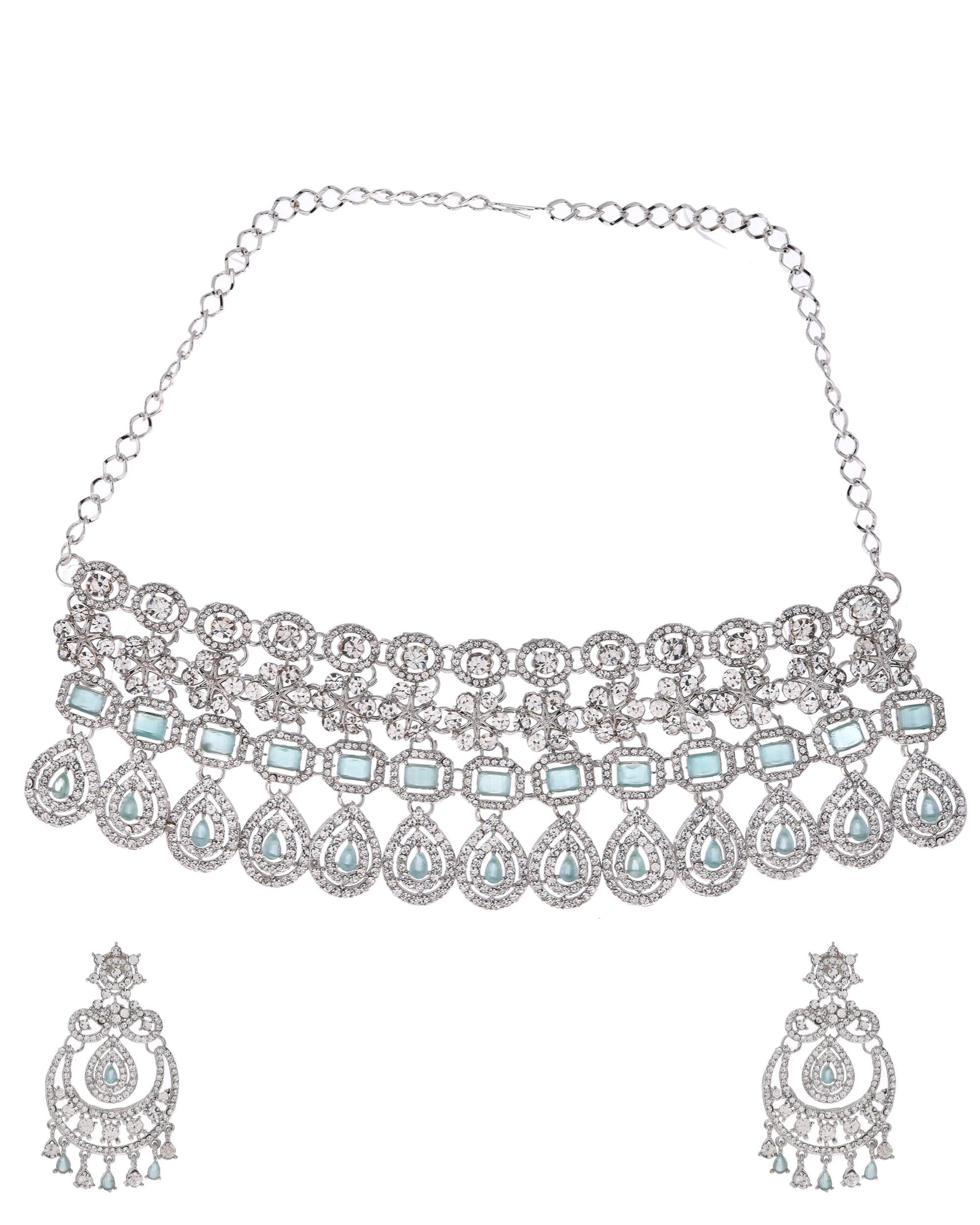 VOJ Silver-Plated American Diamond Studded Jewellery Set - Swadesiicart