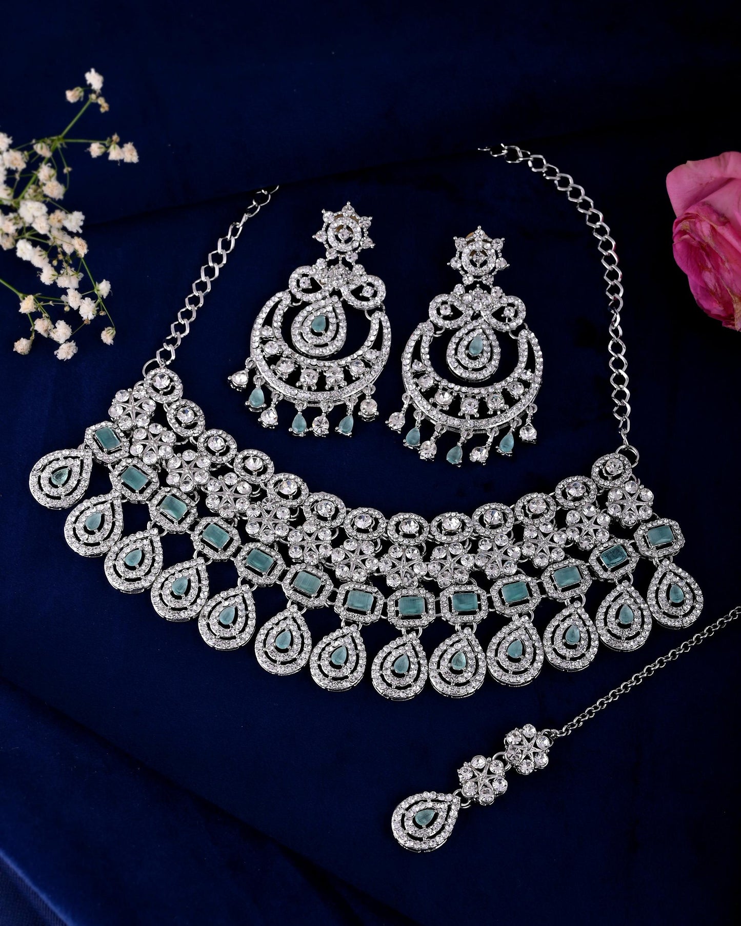 VOJ Silver-Plated American Diamond Studded Jewellery Set - Swadesiicart