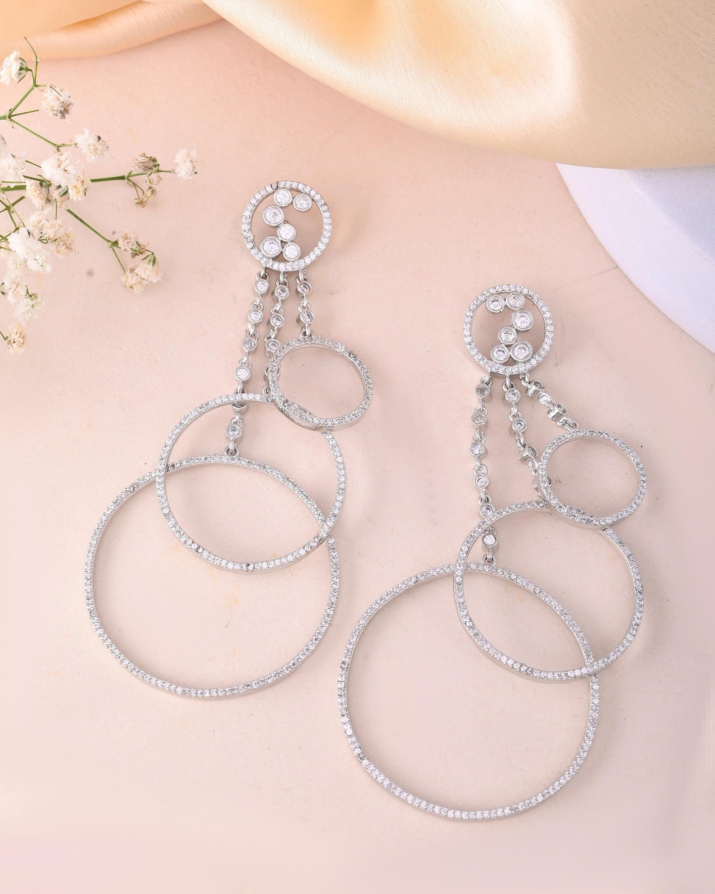 VOJ Silver Plated Ad Stone Studded Crescent Shaped Long Drop Earrings - Swadesiicart