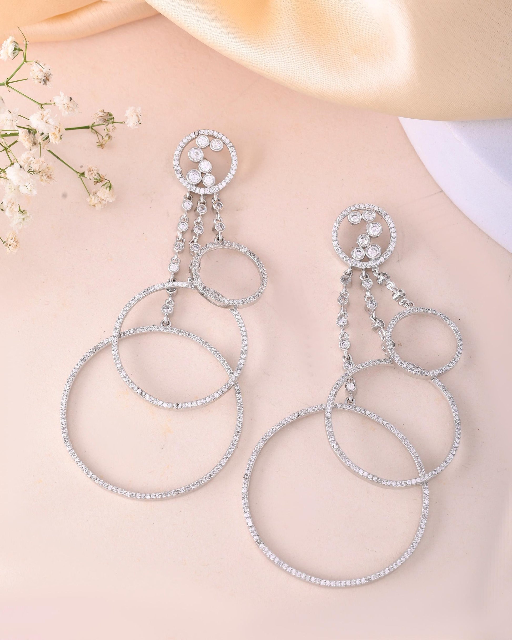 VOJ Silver Plated Ad Stone Studded Crescent Shaped Long Drop Earrings - Swadesiicart