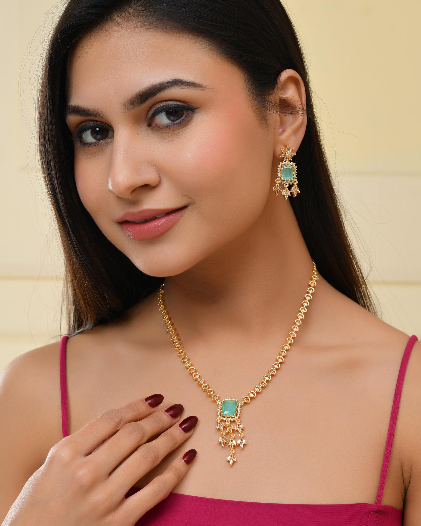 VOJ Gold-Polished Ad-Studded Sea Green Stone Jewellery Set - Swadesiicart