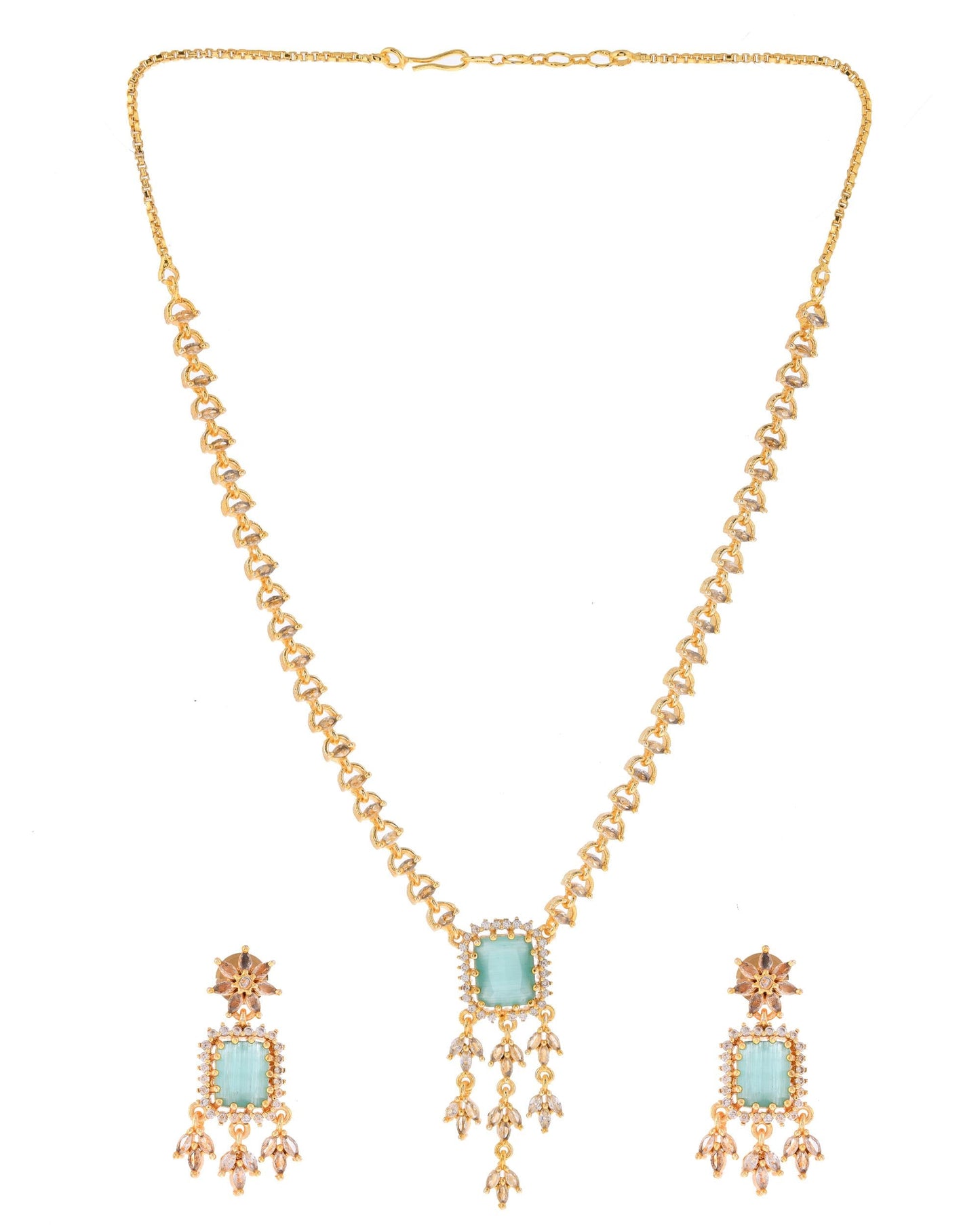 VOJ Gold-Polished Ad-Studded Sea Green Stone Jewellery Set - Swadesiicart
