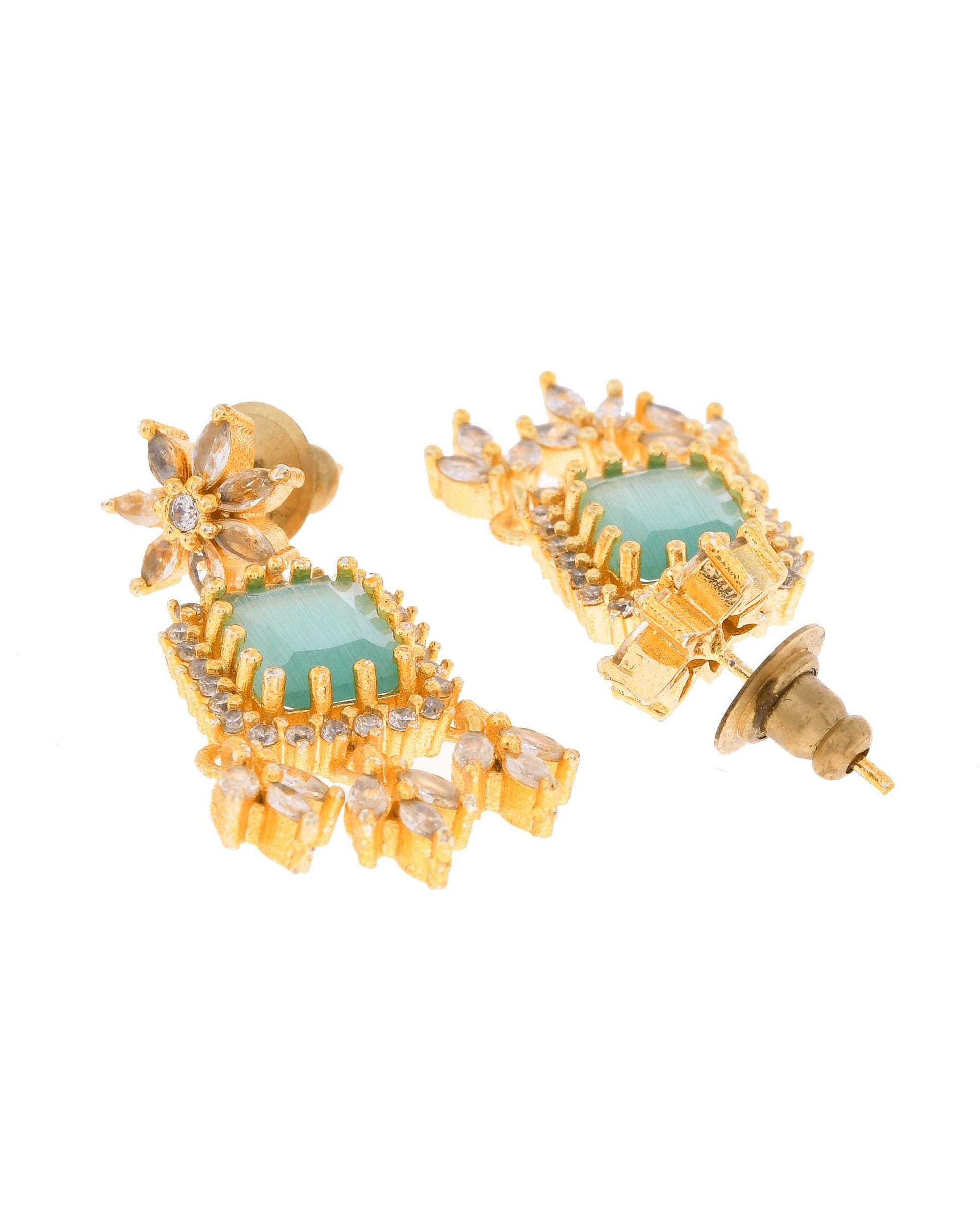 VOJ Gold-Polished Ad-Studded Sea Green Stone Jewellery Set - Swadesiicart