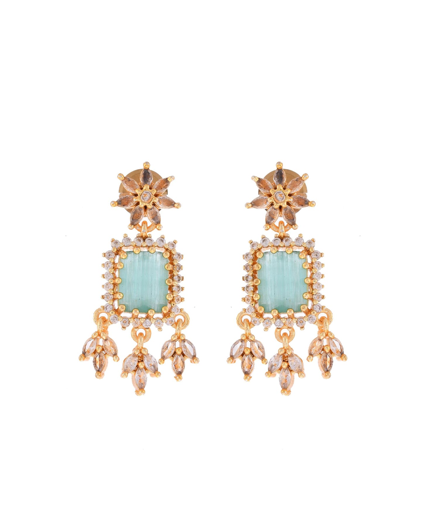 VOJ Gold-Polished Ad-Studded Sea Green Stone Jewellery Set - Swadesiicart