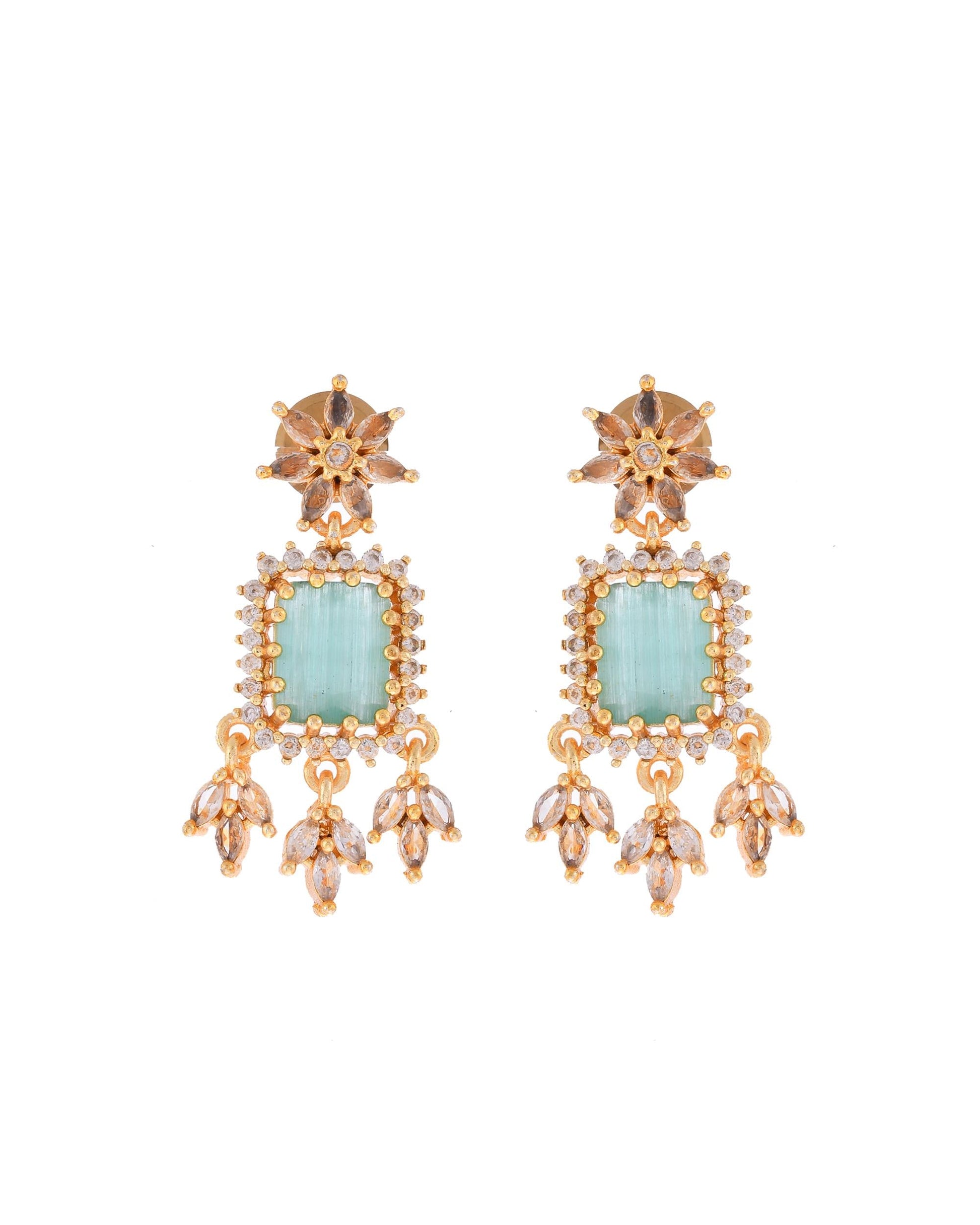 VOJ Gold-Polished Ad-Studded Sea Green Stone Jewellery Set - Swadesiicart
