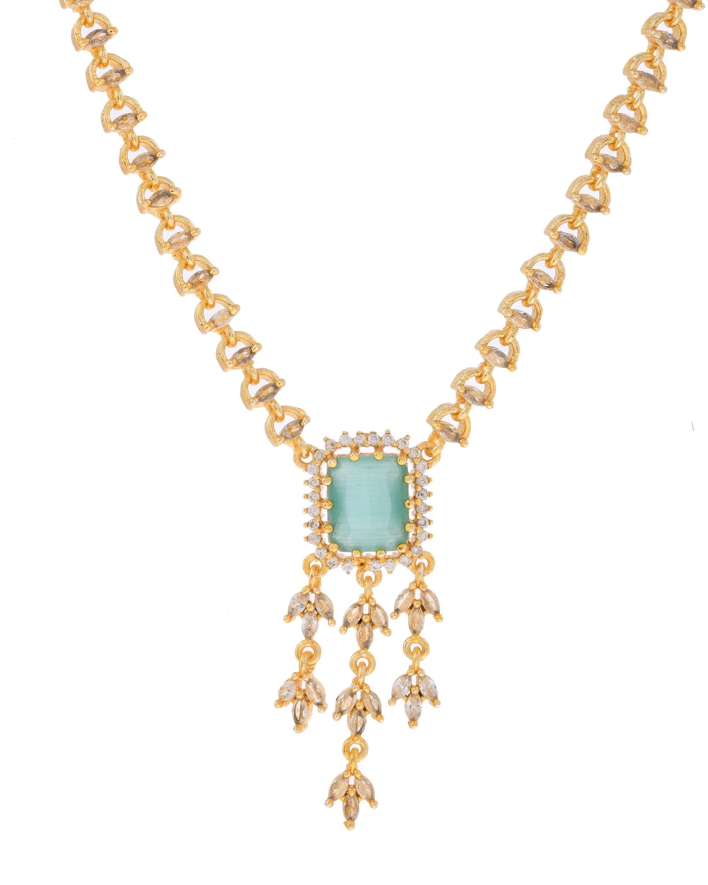 VOJ Gold-Polished Ad-Studded Sea Green Stone Jewellery Set - Swadesiicart