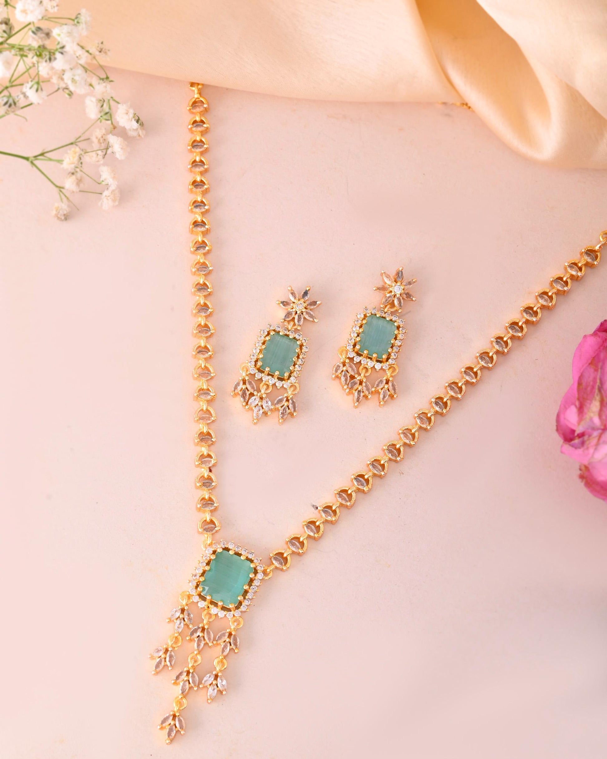 VOJ Gold-Polished Ad-Studded Sea Green Stone Jewellery Set - Swadesiicart