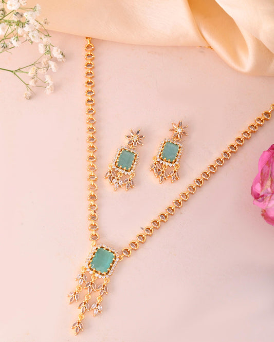 VOJ Gold-Polished Ad-Studded Sea Green Stone Jewellery Set - Swadesiicart