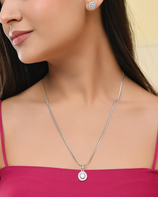 VOJ Silver Plated Ad-Studded Pendant With Chain And Earrings Set - Swadesiicart