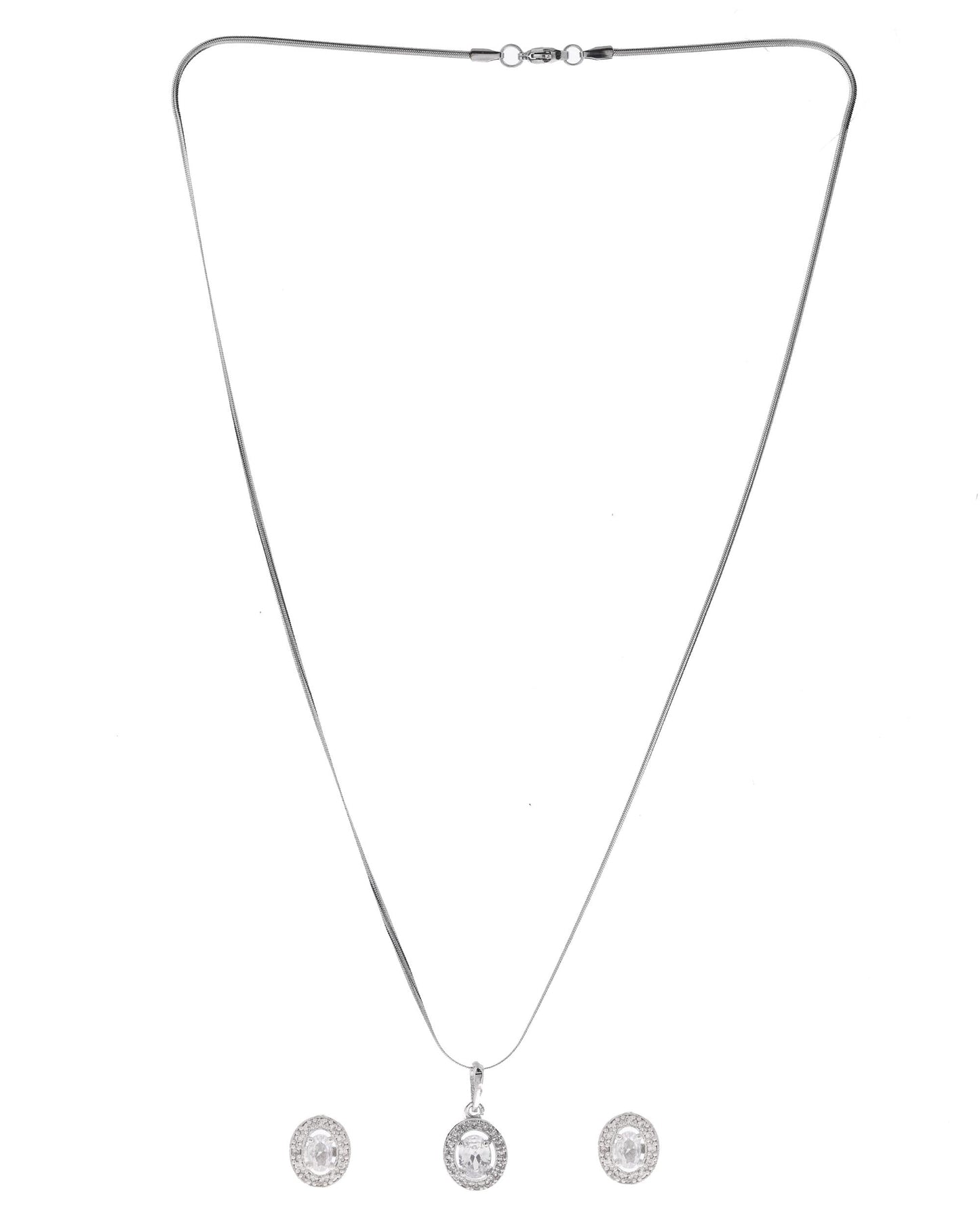 VOJ Silver Plated Ad-Studded Pendant With Chain And Earrings Set - Swadesiicart