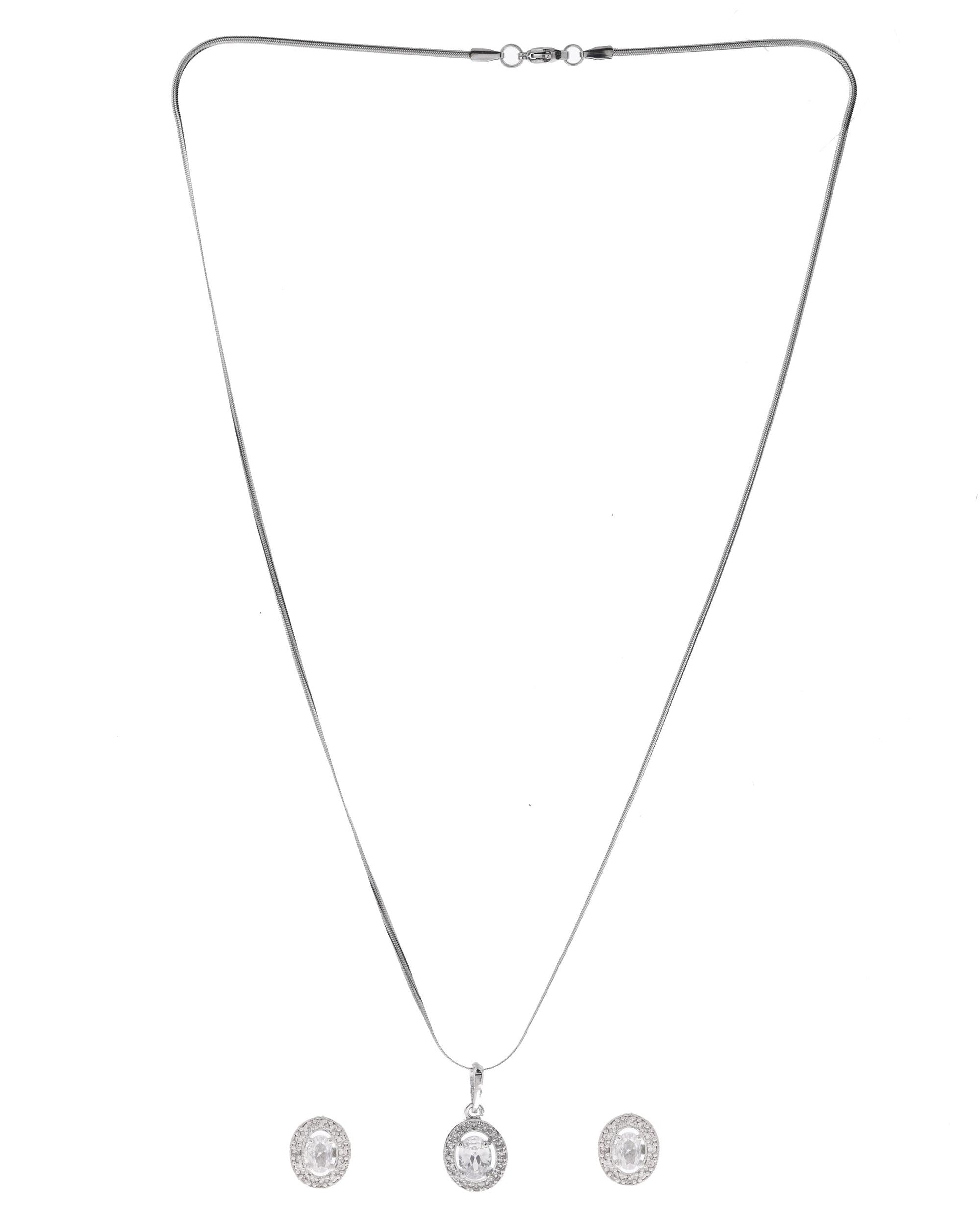 VOJ Silver Plated Ad-Studded Pendant With Chain And Earrings Set - Swadesiicart
