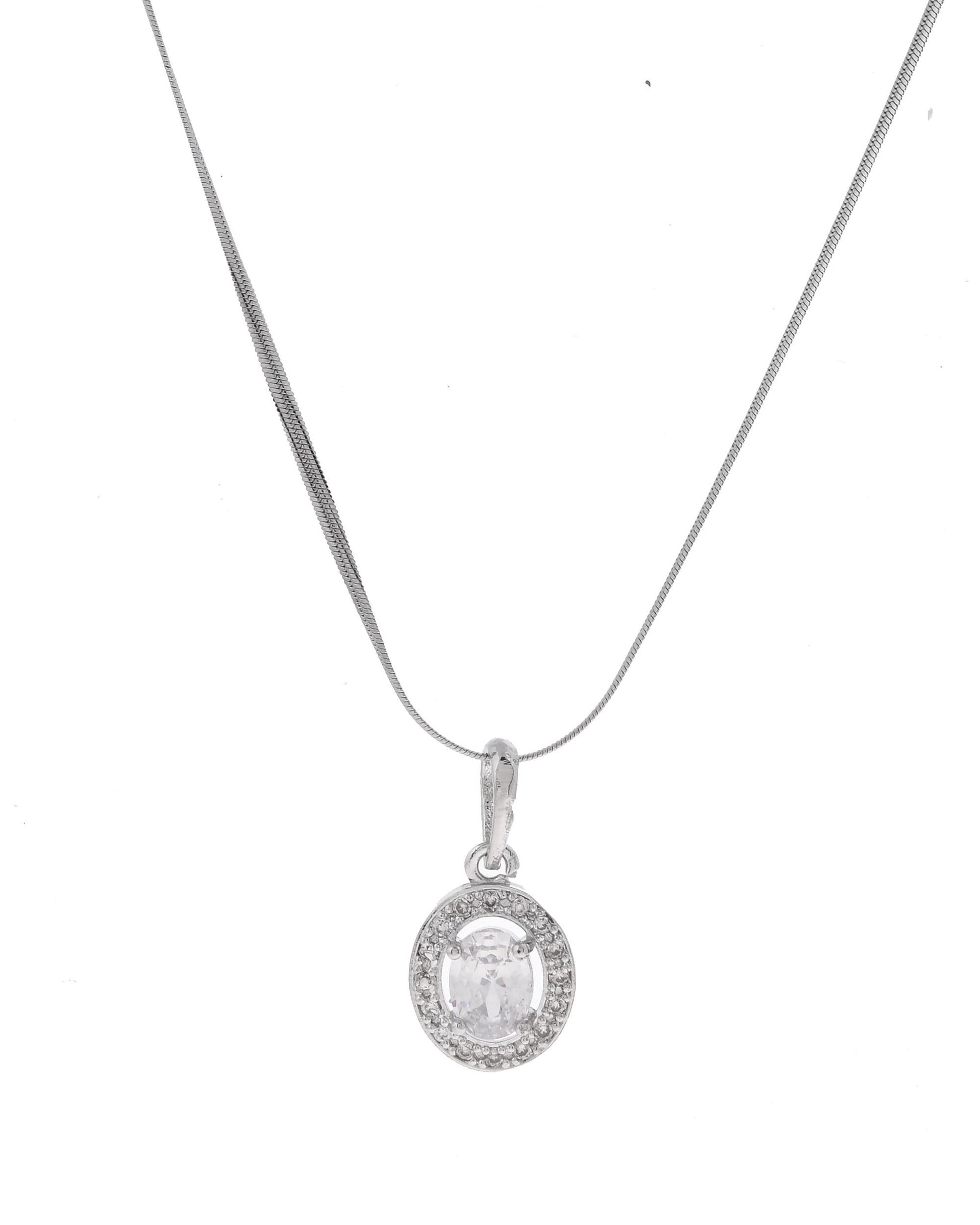 VOJ Silver Plated Ad-Studded Pendant With Chain And Earrings Set - Swadesiicart