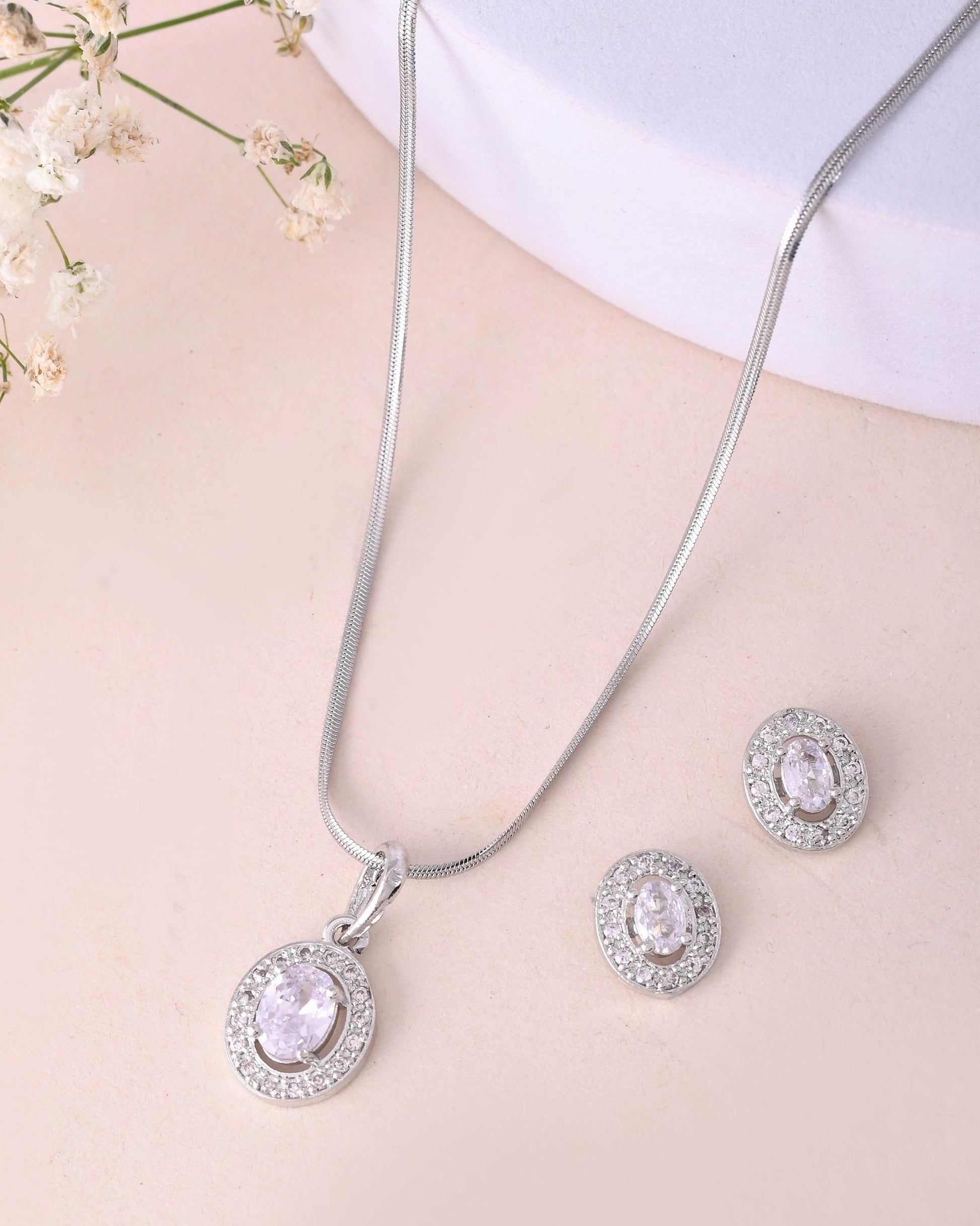 VOJ Silver Plated Ad-Studded Pendant With Chain And Earrings Set - Swadesiicart