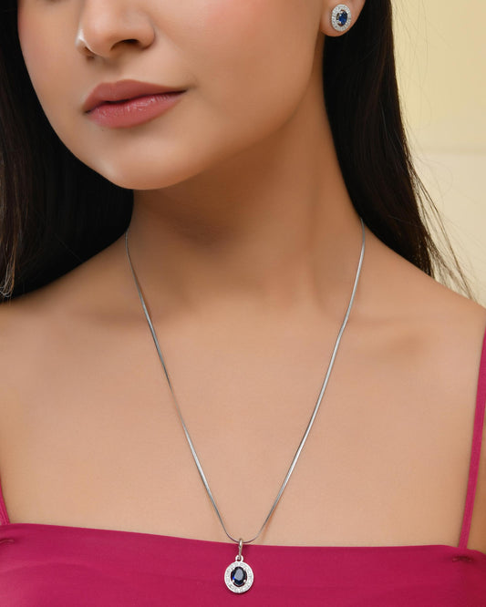 VOJ Silver Plated Blue Ad-Studded Pendant With Chain And Earrings Set - Swadesiicart