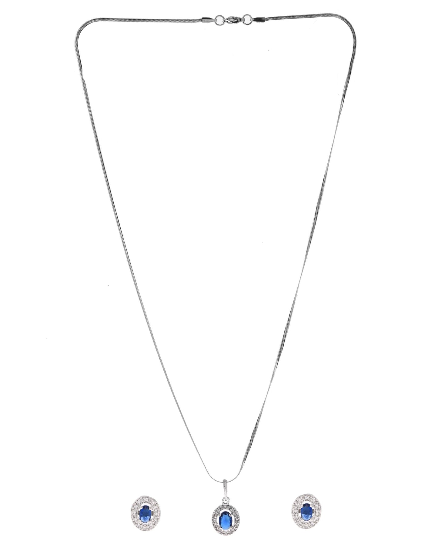 VOJ Silver Plated Blue Ad-Studded Pendant With Chain And Earrings Set - Swadesiicart