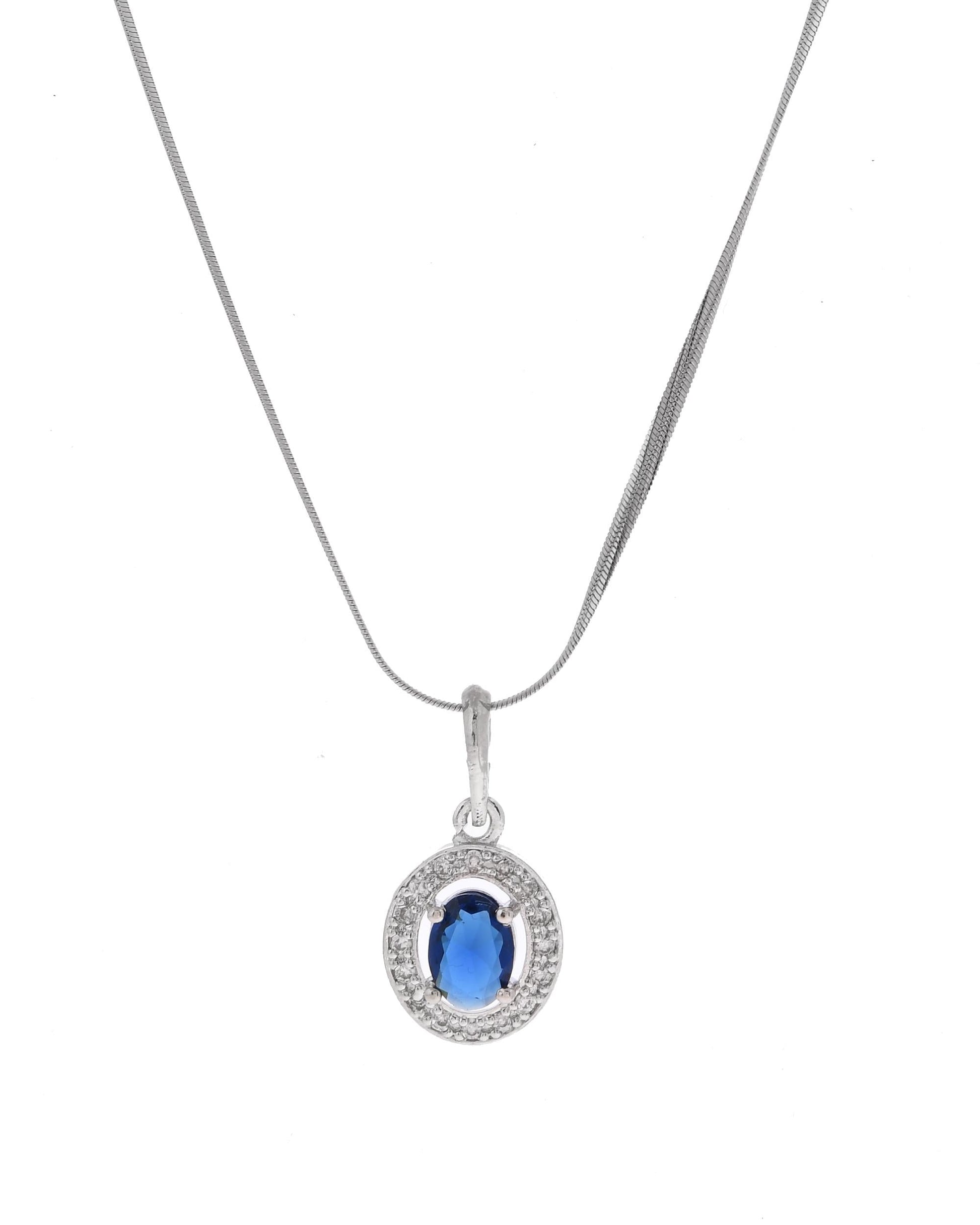 VOJ Silver Plated Blue Ad-Studded Pendant With Chain And Earrings Set - Swadesiicart