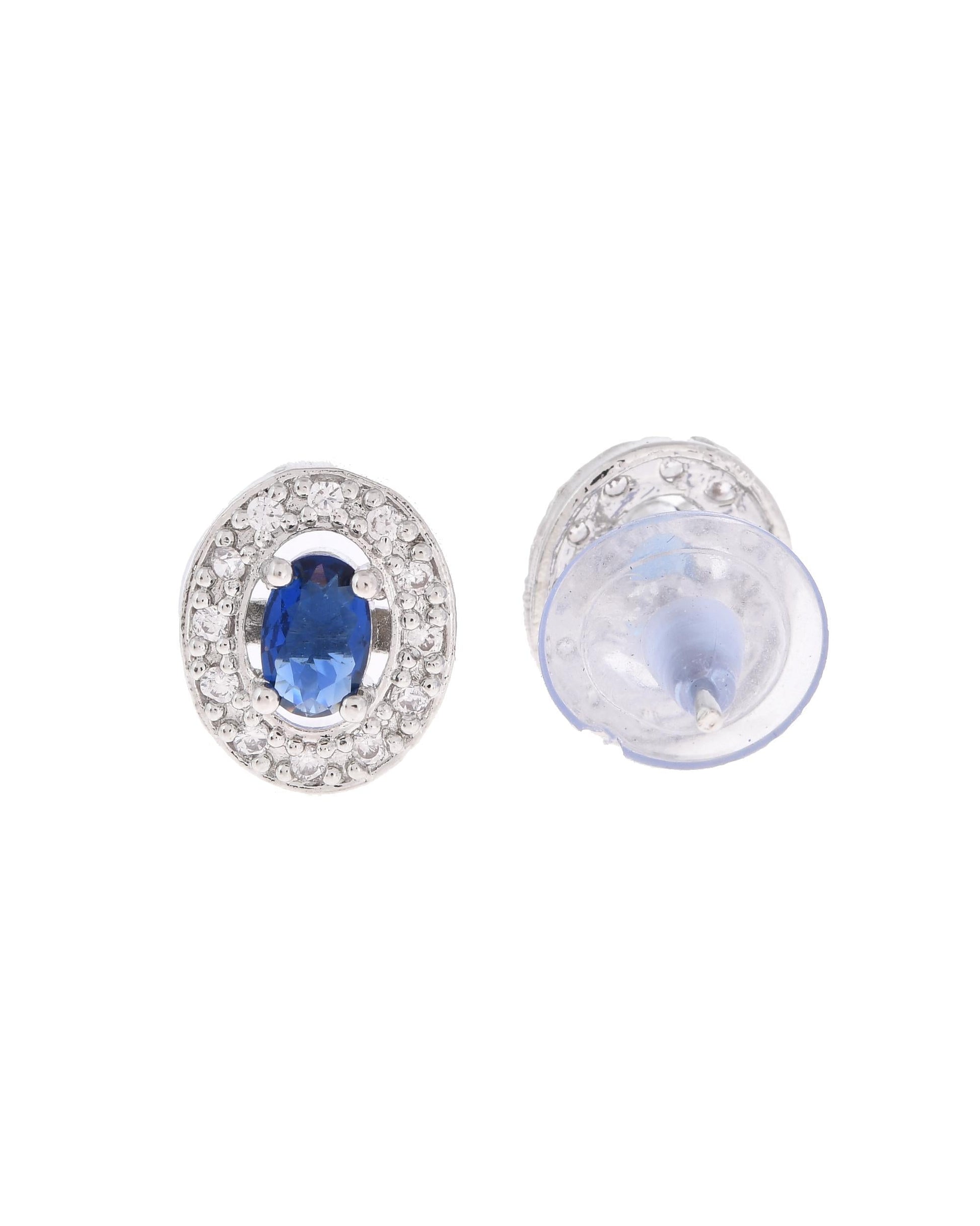 VOJ Silver Plated Blue Ad-Studded Pendant With Chain And Earrings Set - Swadesiicart