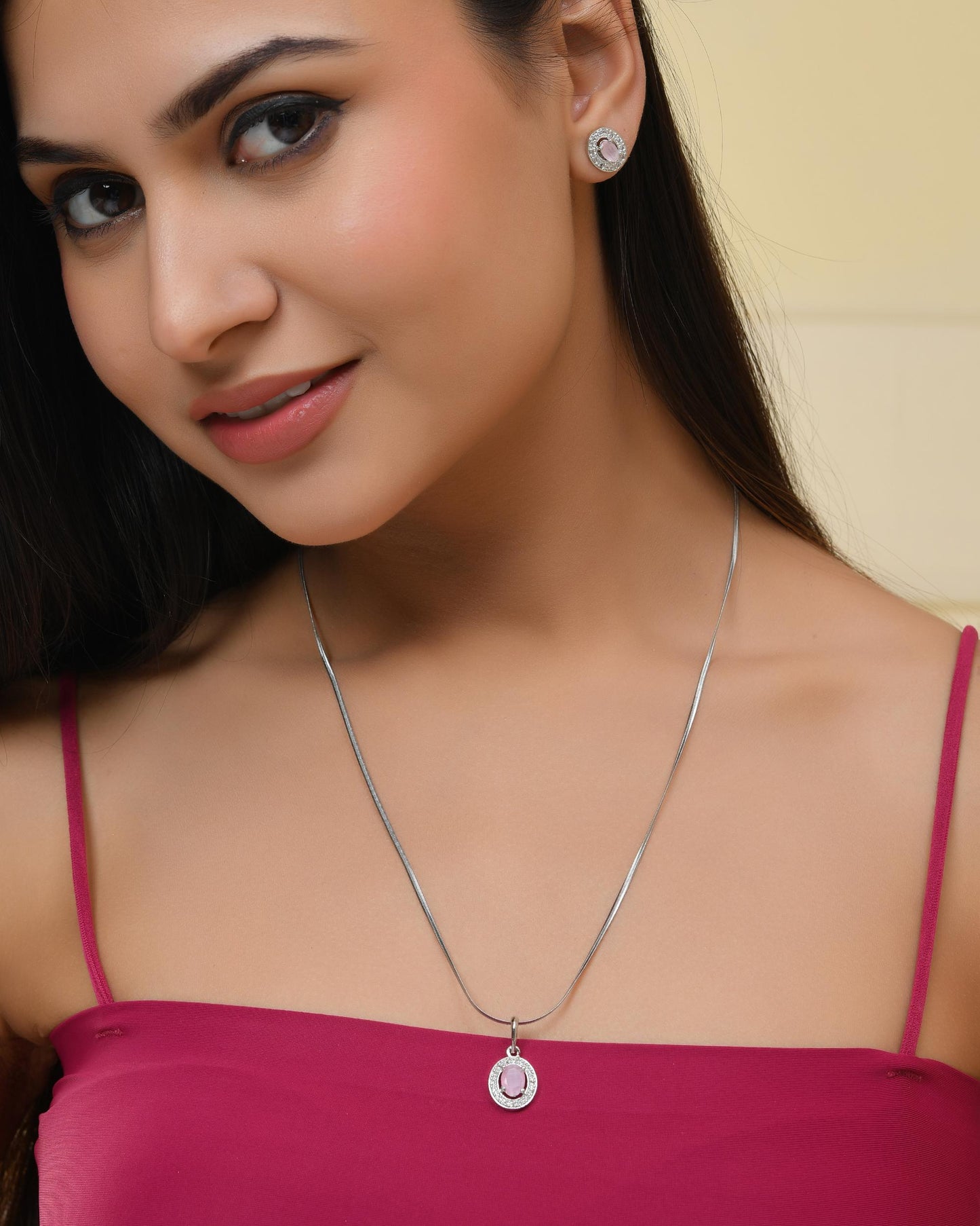 VOJ Silver Plated Pink Ad-Studded Pendant With Chain And Earrings Set - Swadesiicart