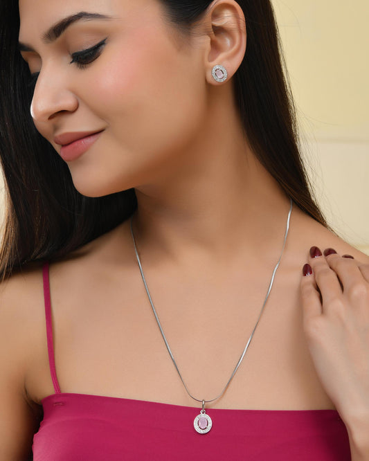VOJ Silver Plated Pink Ad-Studded Pendant With Chain And Earrings Set - Swadesiicart