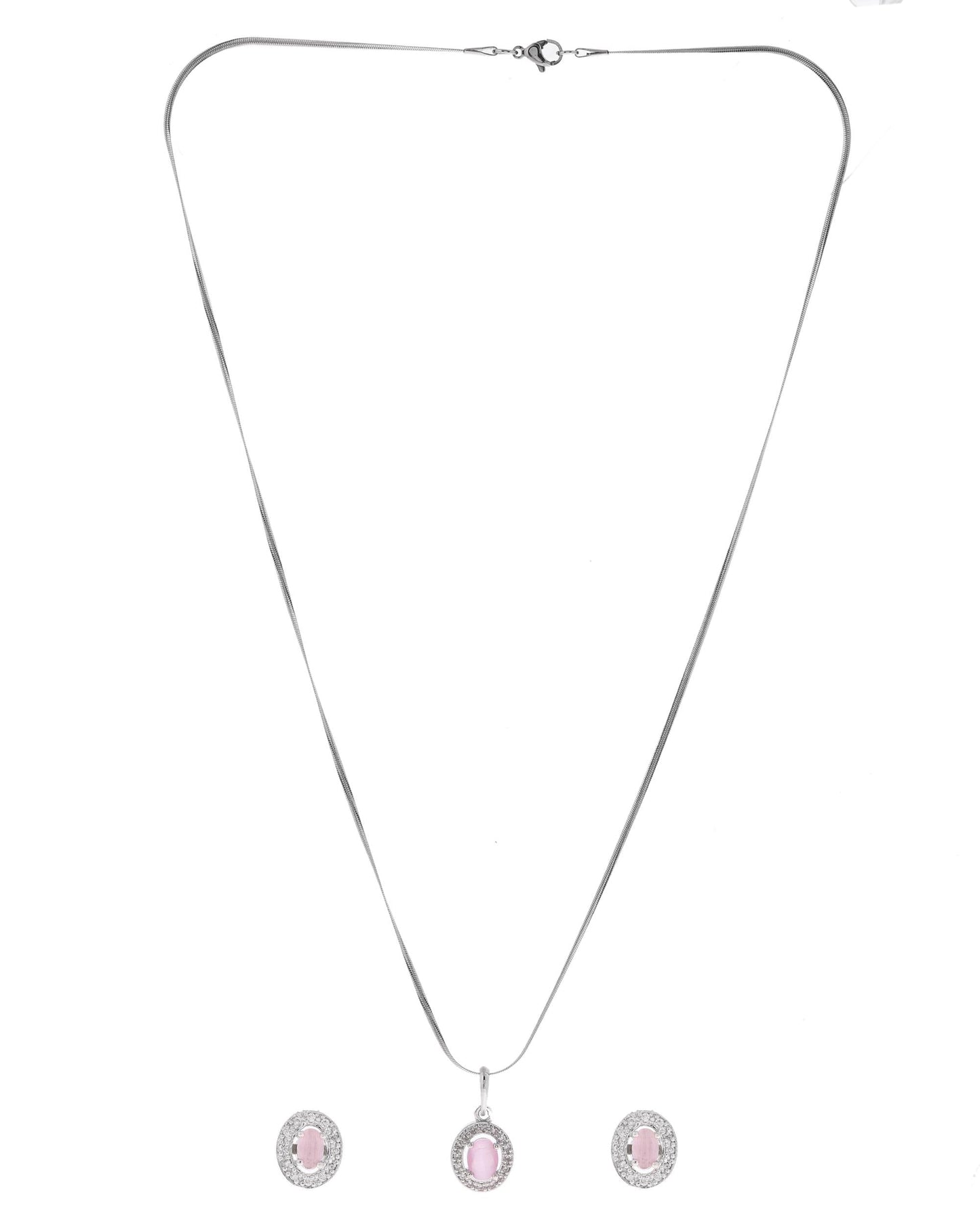 VOJ Silver Plated Pink Ad-Studded Pendant With Chain And Earrings Set - Swadesiicart