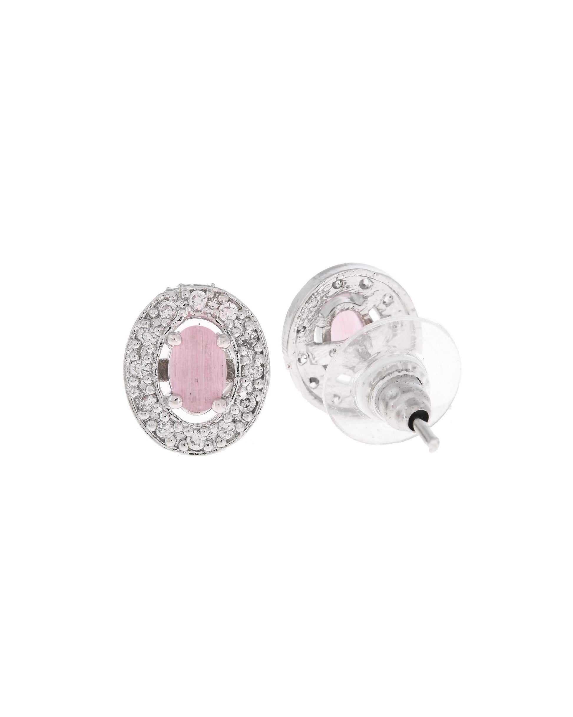 VOJ Silver Plated Pink Ad-Studded Pendant With Chain And Earrings Set - Swadesiicart
