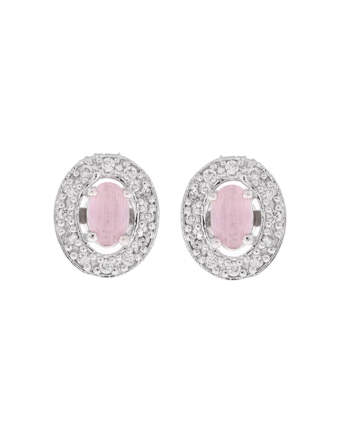 VOJ Silver Plated Pink Ad-Studded Pendant With Chain And Earrings Set - Swadesiicart