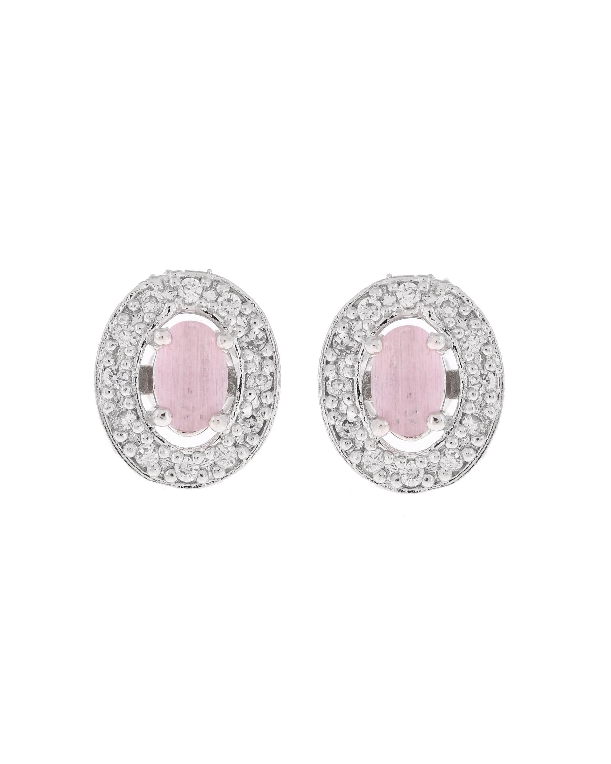VOJ Silver Plated Pink Ad-Studded Pendant With Chain And Earrings Set - Swadesiicart