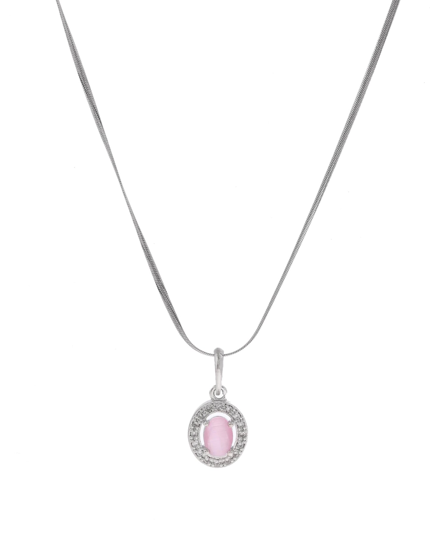 VOJ Silver Plated Pink Ad-Studded Pendant With Chain And Earrings Set - Swadesiicart