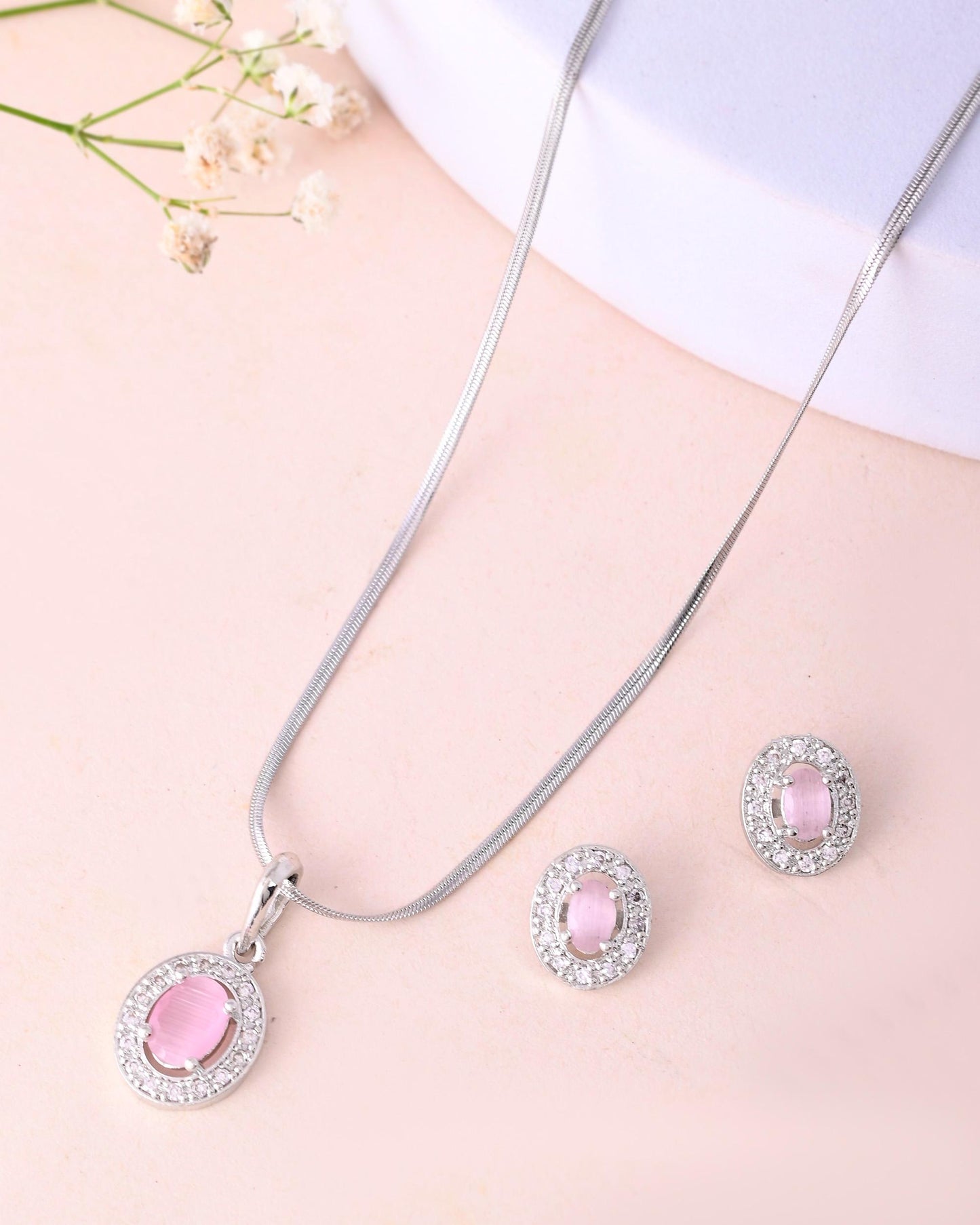 VOJ Silver Plated Pink Ad-Studded Pendant With Chain And Earrings Set - Swadesiicart