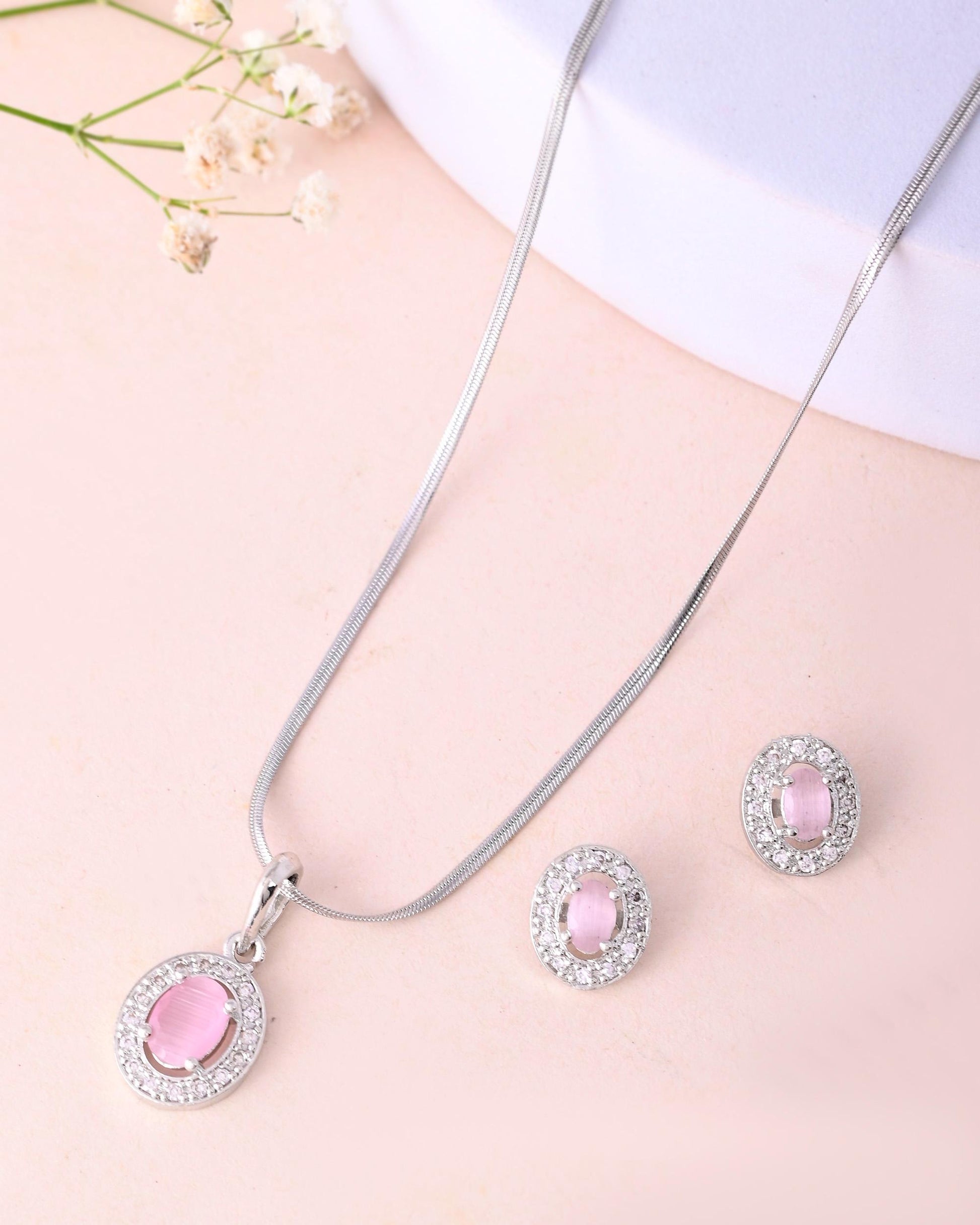 VOJ Silver Plated Pink Ad-Studded Pendant With Chain And Earrings Set - Swadesiicart