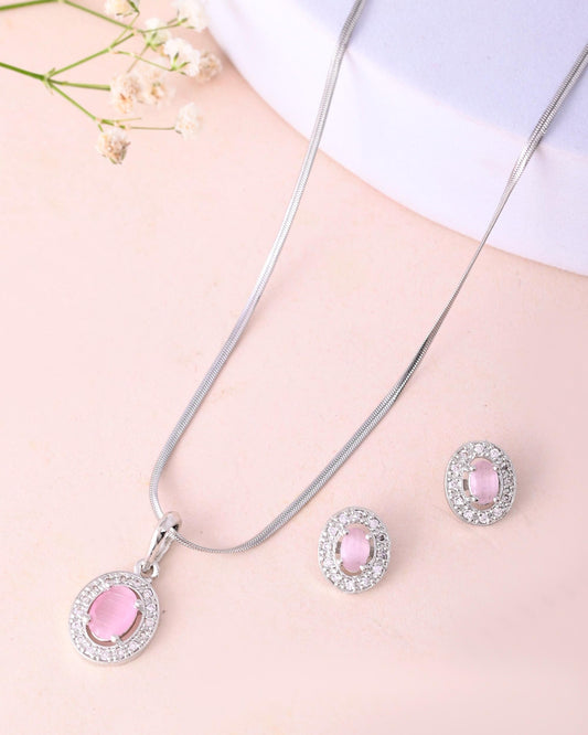 VOJ Silver Plated Pink Ad-Studded Pendant With Chain And Earrings Set - Swadesiicart