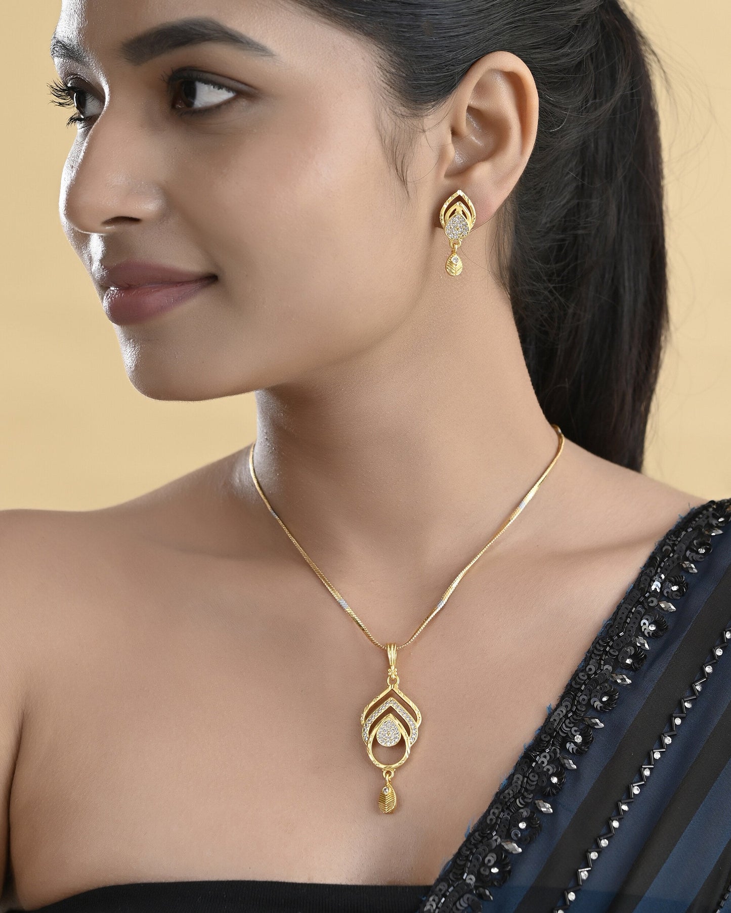 VOJ Gold-Polished AD Stone Studded Designer Chain Set | Swadesiicart