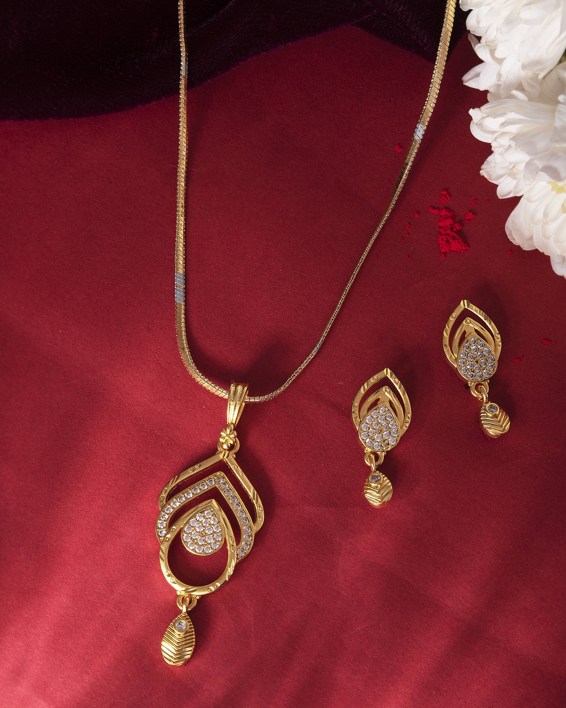 VOJ Gold-Polished AD Stone Studded Designer Chain Set | Swadesiicart