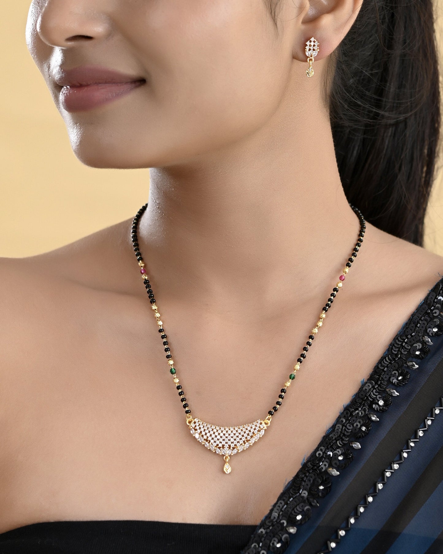 VOJ Gold-Polished AD Stone Studded MangalSutra Set - Swadesiicart